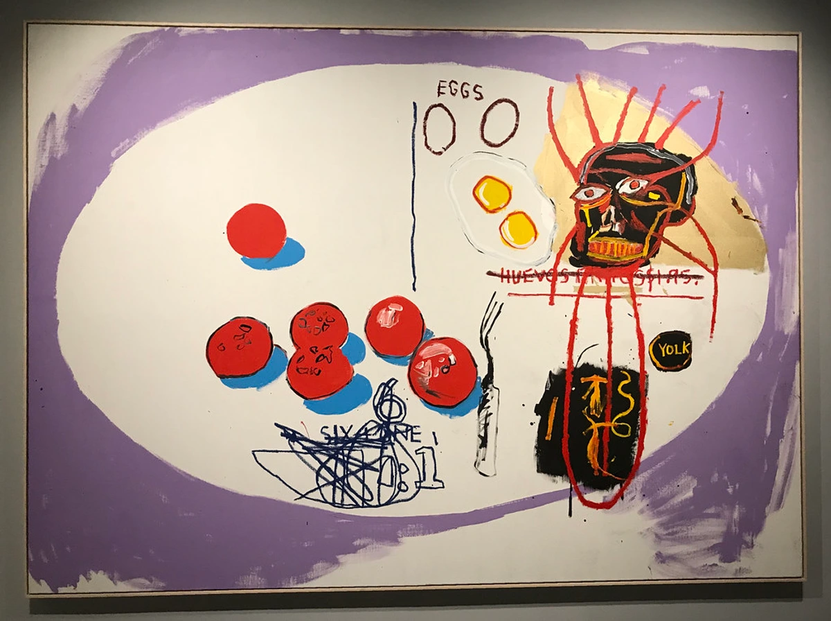Abstract schilderij 'Eieren' van Jean-Michel Basquiat en Andy Warhol, met rode cirkels, gebakken eieren en een schedel.
