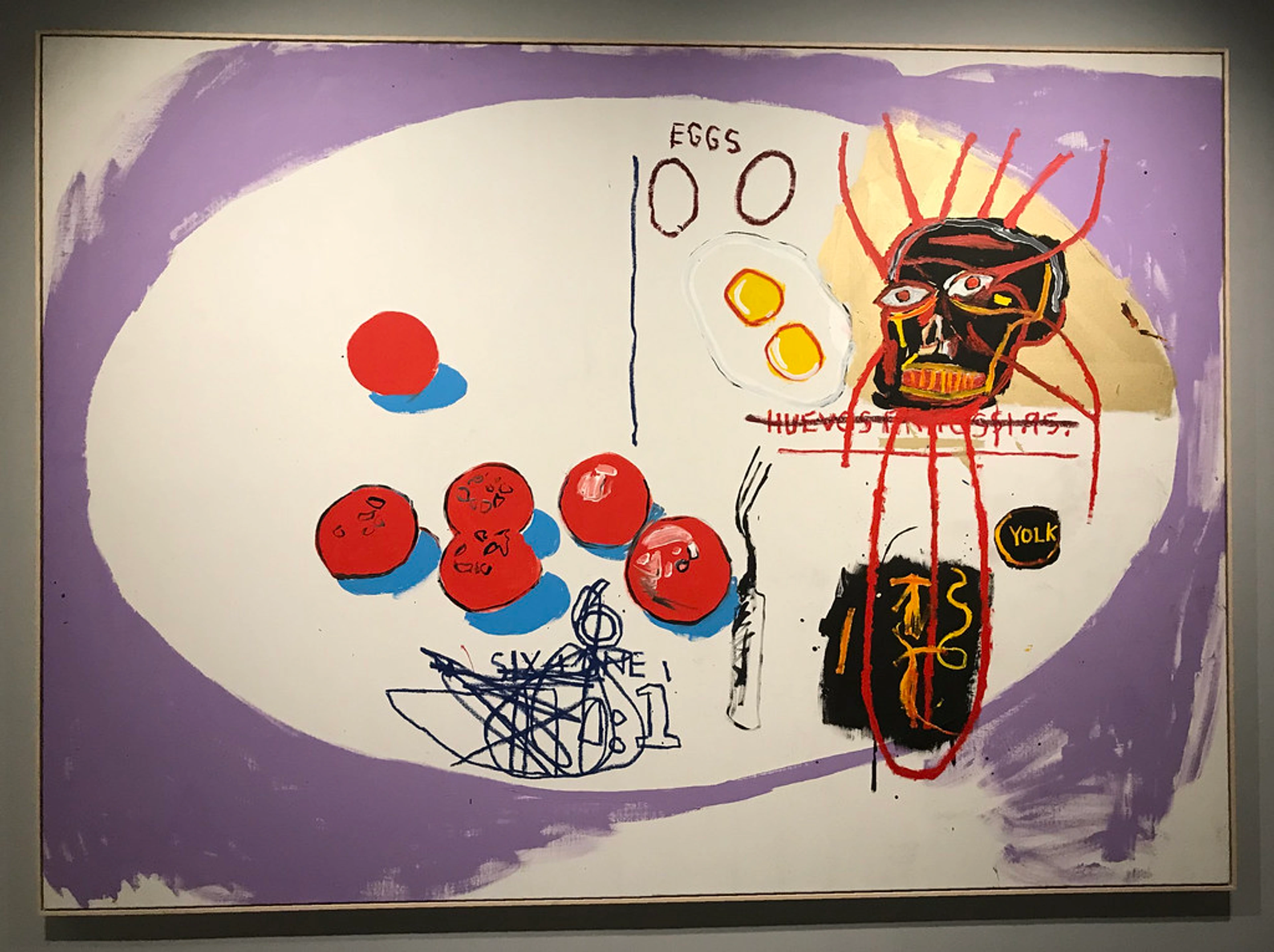 Abstract schilderij 'Eieren' van Jean-Michel Basquiat en Andy Warhol, met rode cirkels, gebakken eieren en een schedel.