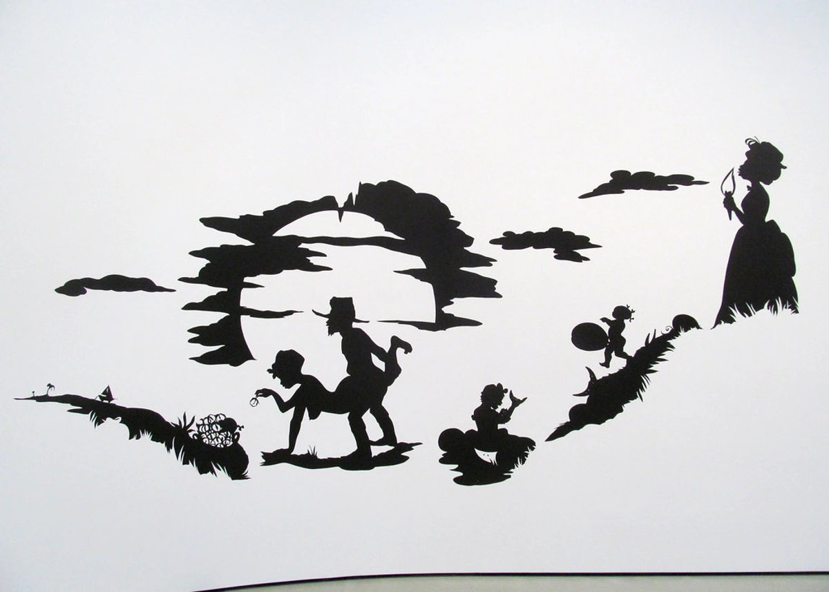 Black and white silhouette artwork by Kara Walker, titled African't, featuring various figures and landscapes.