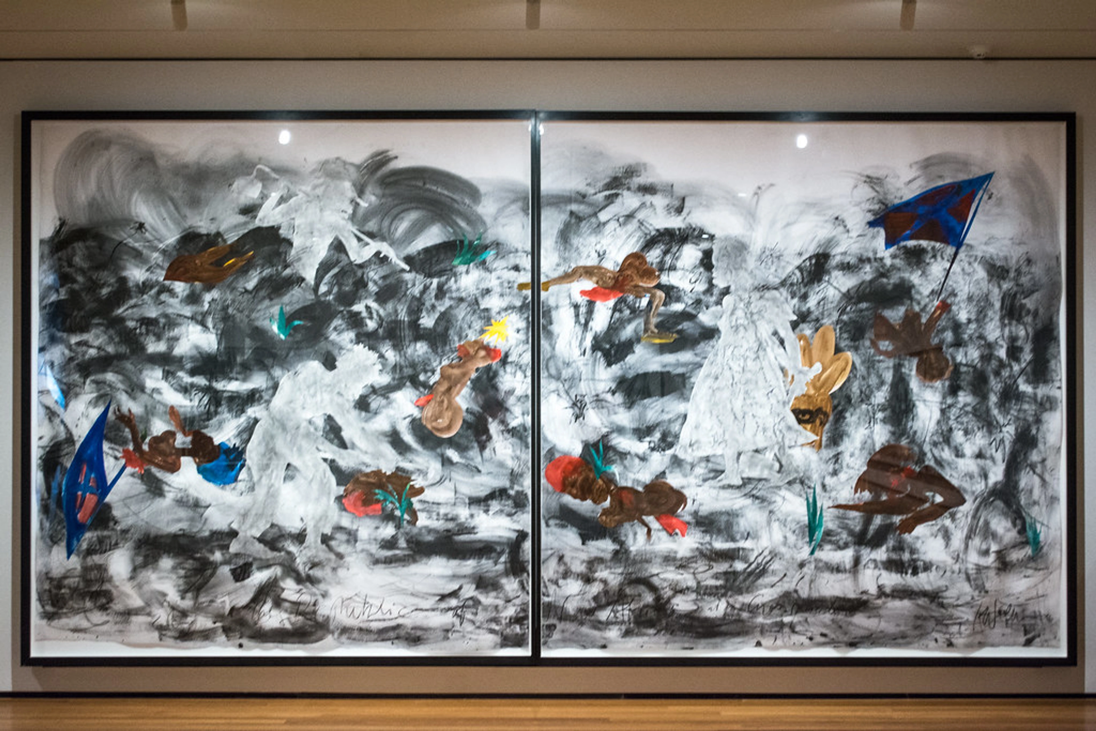 Large abstract painting, 'Republic of New Afrika at a Crossroads,' featuring figures and a blue flag on a turbulent black and white background, from the Cleveland Museum of Art.