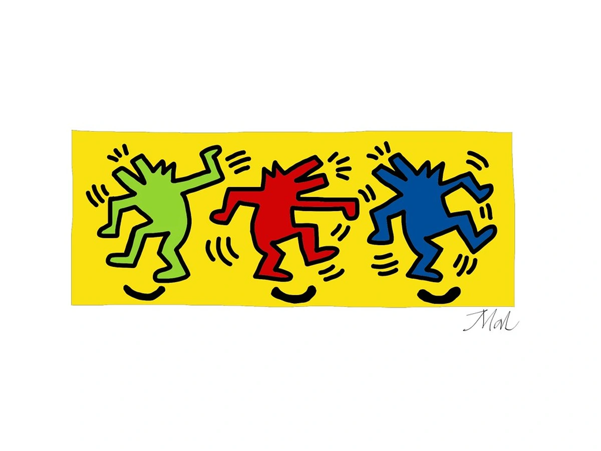 Keith Haring style artwork of three dancing figures: green, red, and blue, on a yellow background.