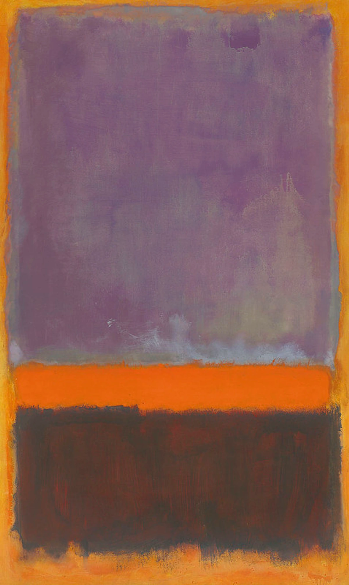Abstract color field painting by Mark Rothko with horizontal rectangles of muted purple, vibrant orange, and dark brown.