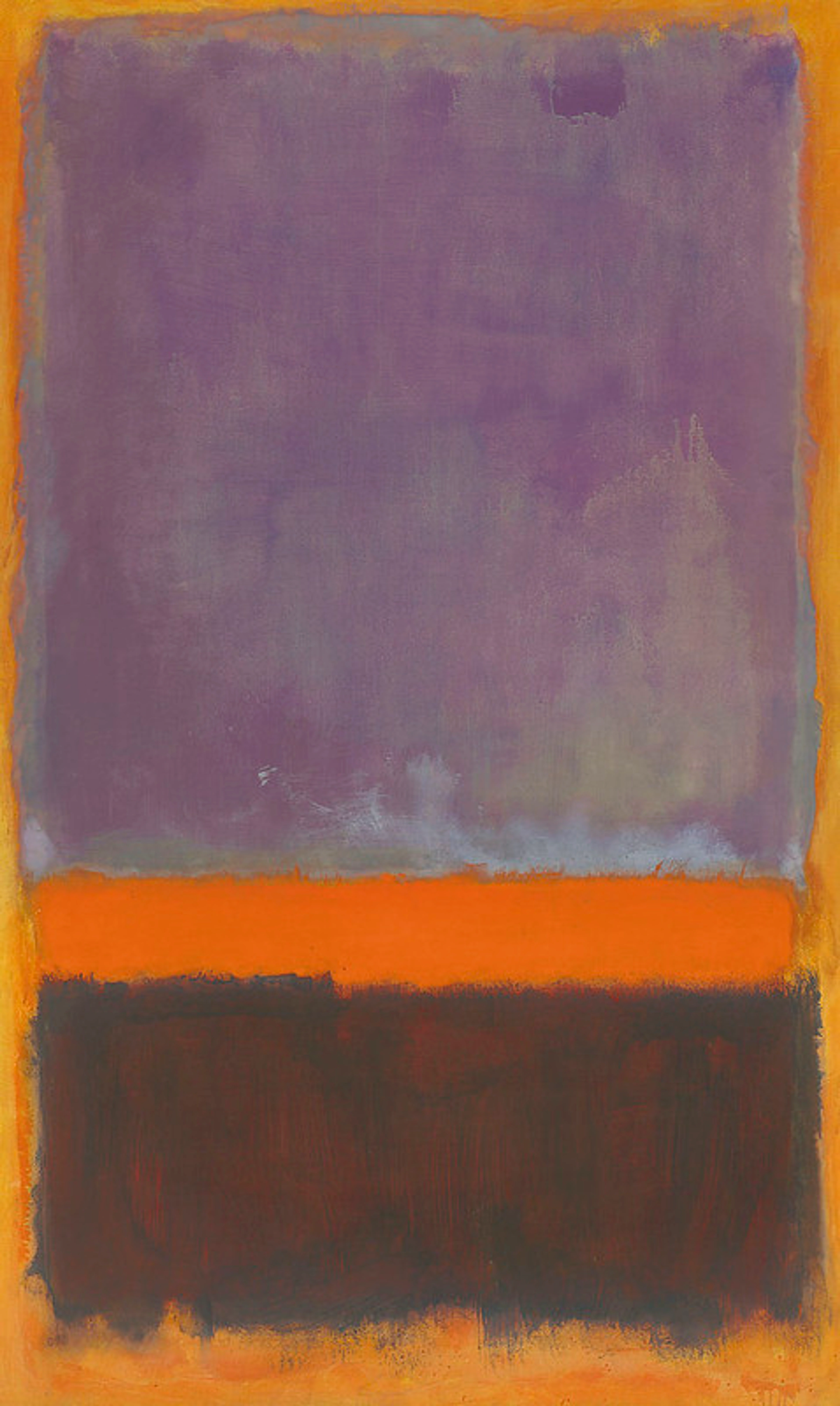 Abstract kleurveldschilderij van Mark Rothko met horizontale rechthoeken van gedempt paars, levendig oranje en donkerbruin.
