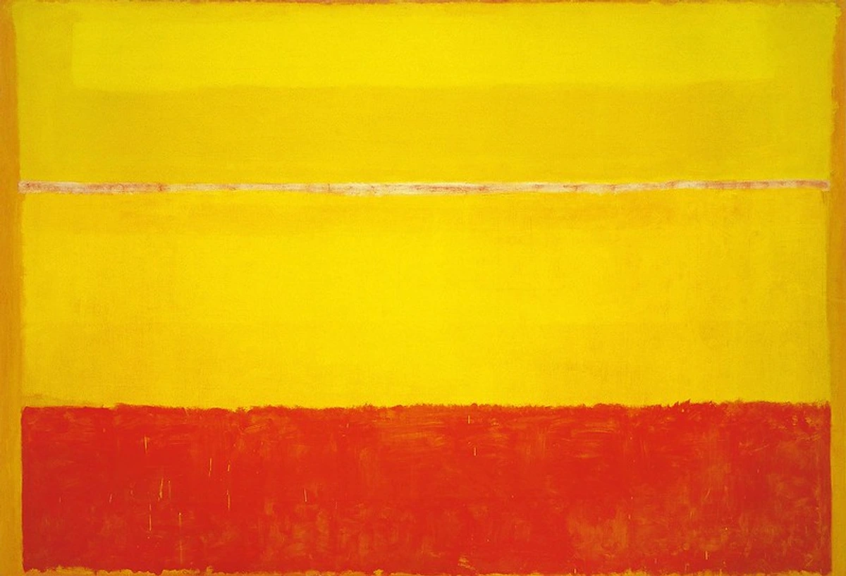 Abstract color field painting by Mark Rothko featuring horizontal blocks of vibrant yellow and deep red.