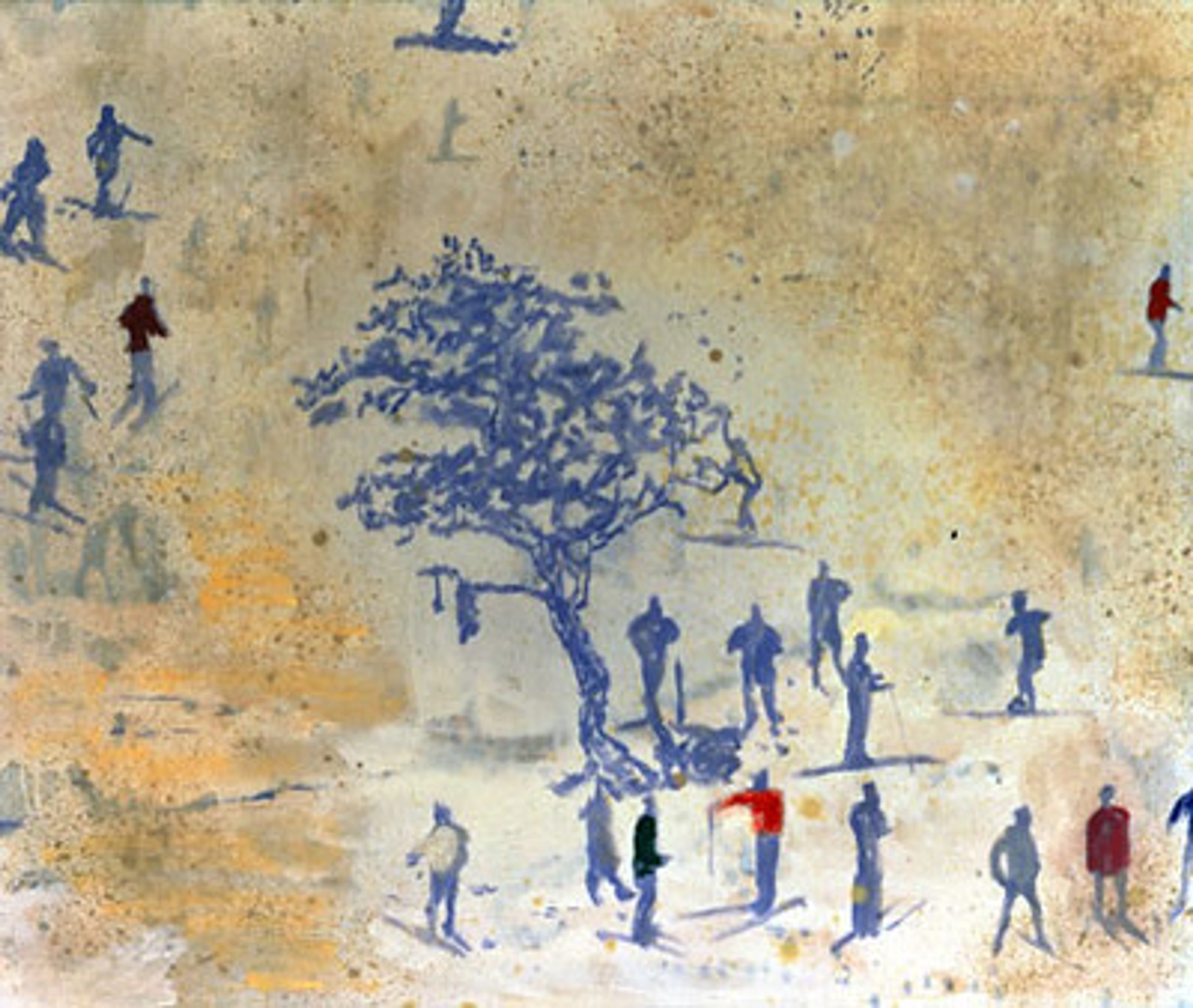 Peter Doig schilderij van een winterlandschap met blauwe figuren die skiën en rond een grote blauwe boom staan, met spatten bruin en geel.