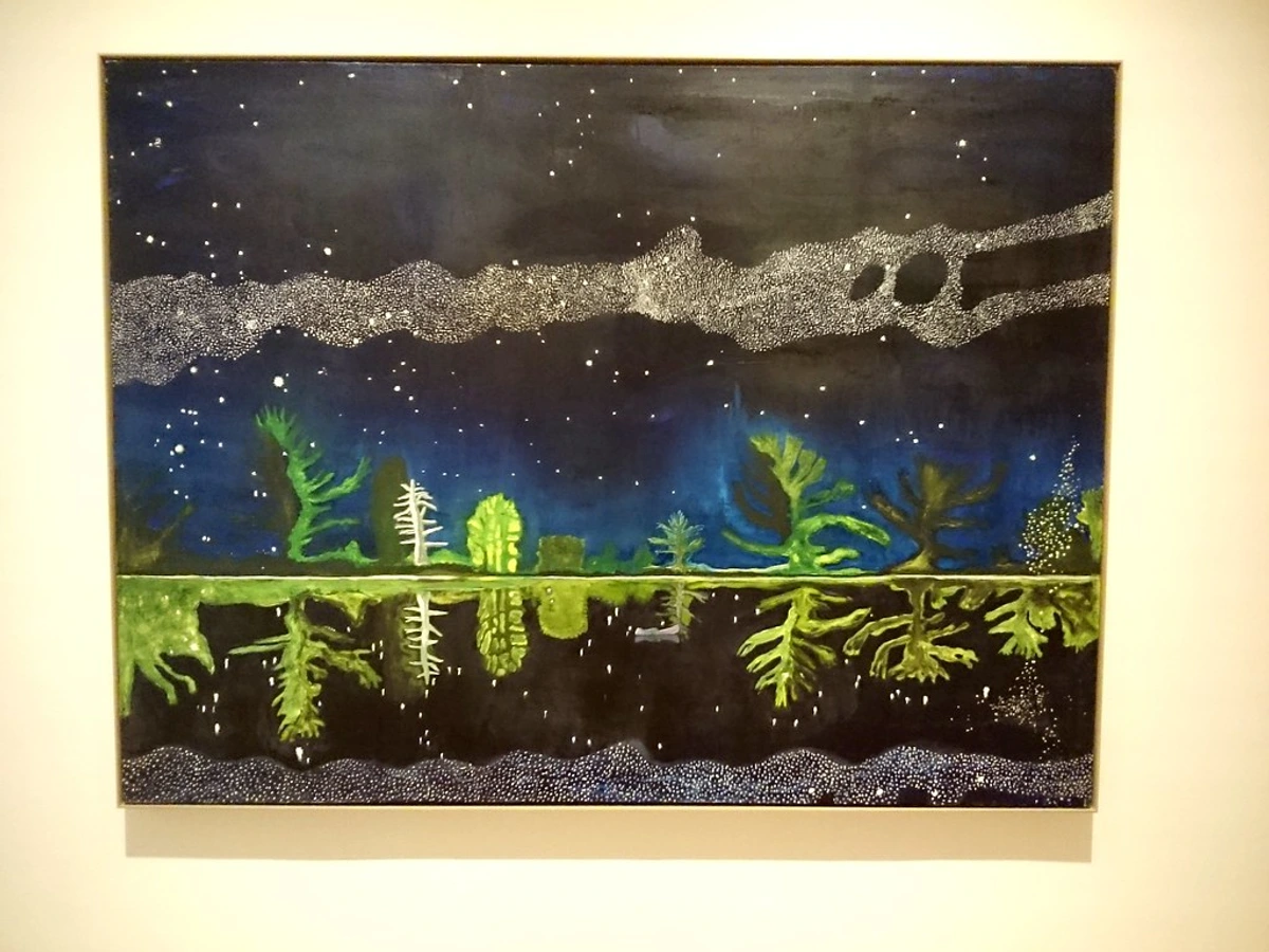 Peter Doig's 'Milky Way' painting, a vibrant night landscape with trees reflected in water under a starry sky.