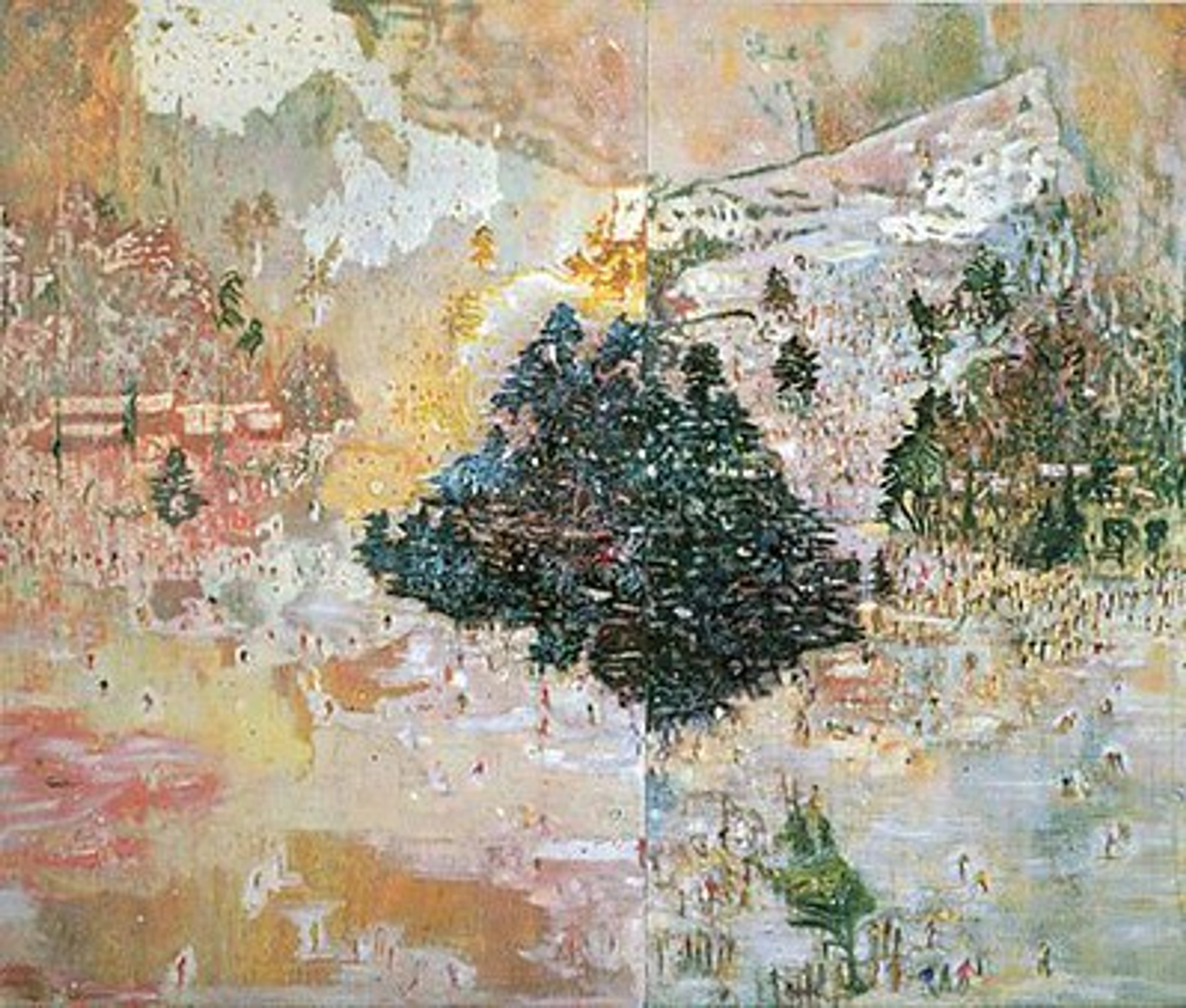 Peter Doig's Ski Jacket painting, a vibrant winter landscape with snow, trees, and figures.