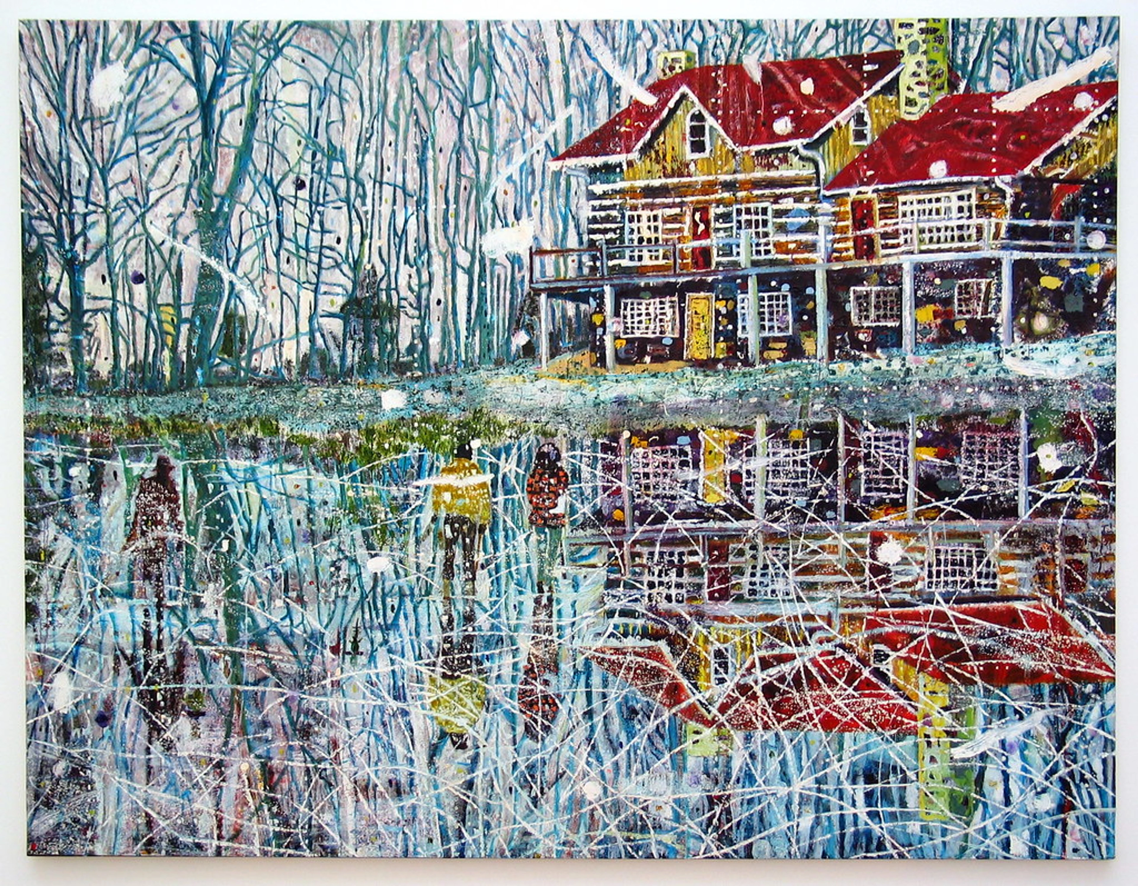 Famous Peter Doig painting, 'The Architect's Home in the Ravine,' depicting a winter landscape with a large house reflected in a frozen pond, surrounded by bare trees.