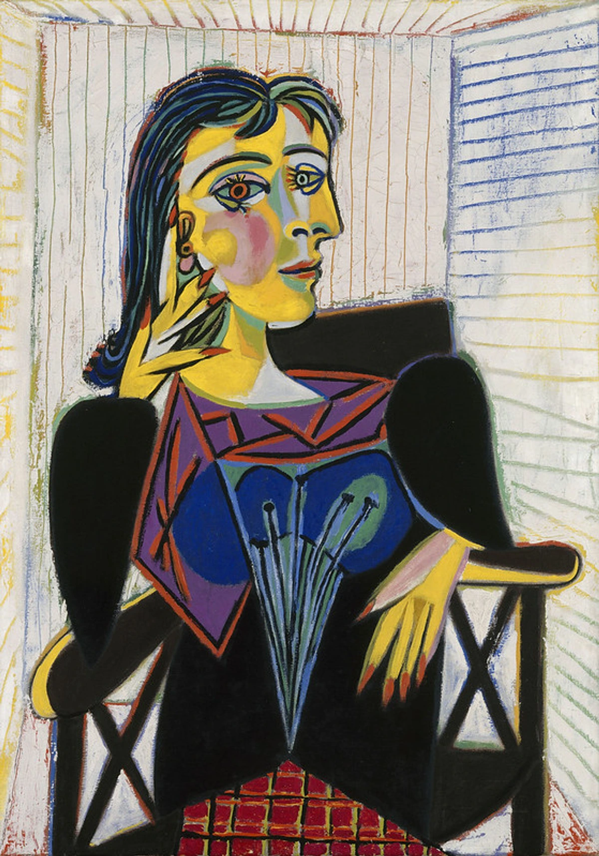 Stylized portrait of Dora Maar by Pablo Picasso, characterized by its distorted features, vibrant colors, and cubist elements.