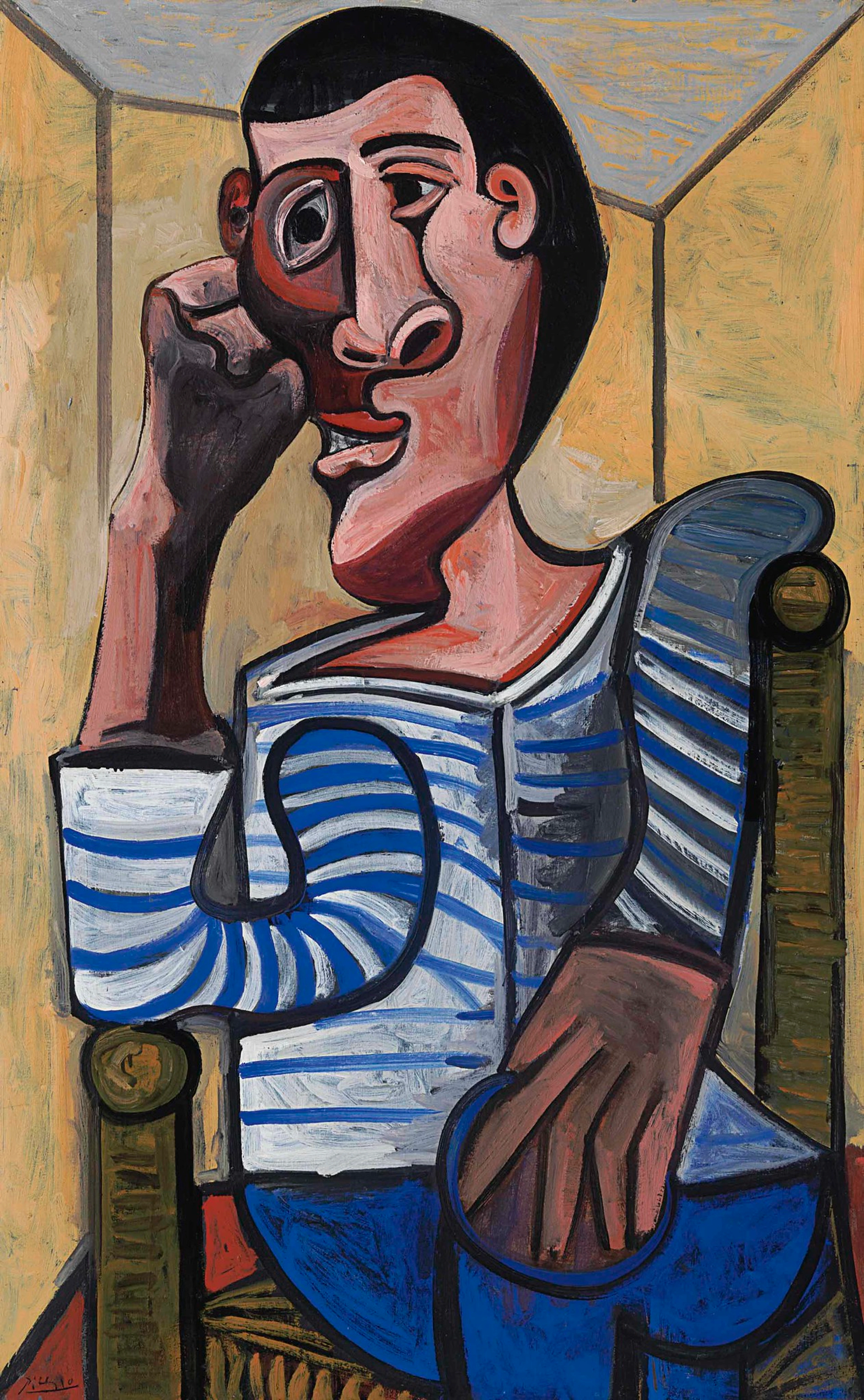 Abstract portrait of a sailor in a striped shirt by Pablo Picasso, rendered with bold lines and distorted features.
