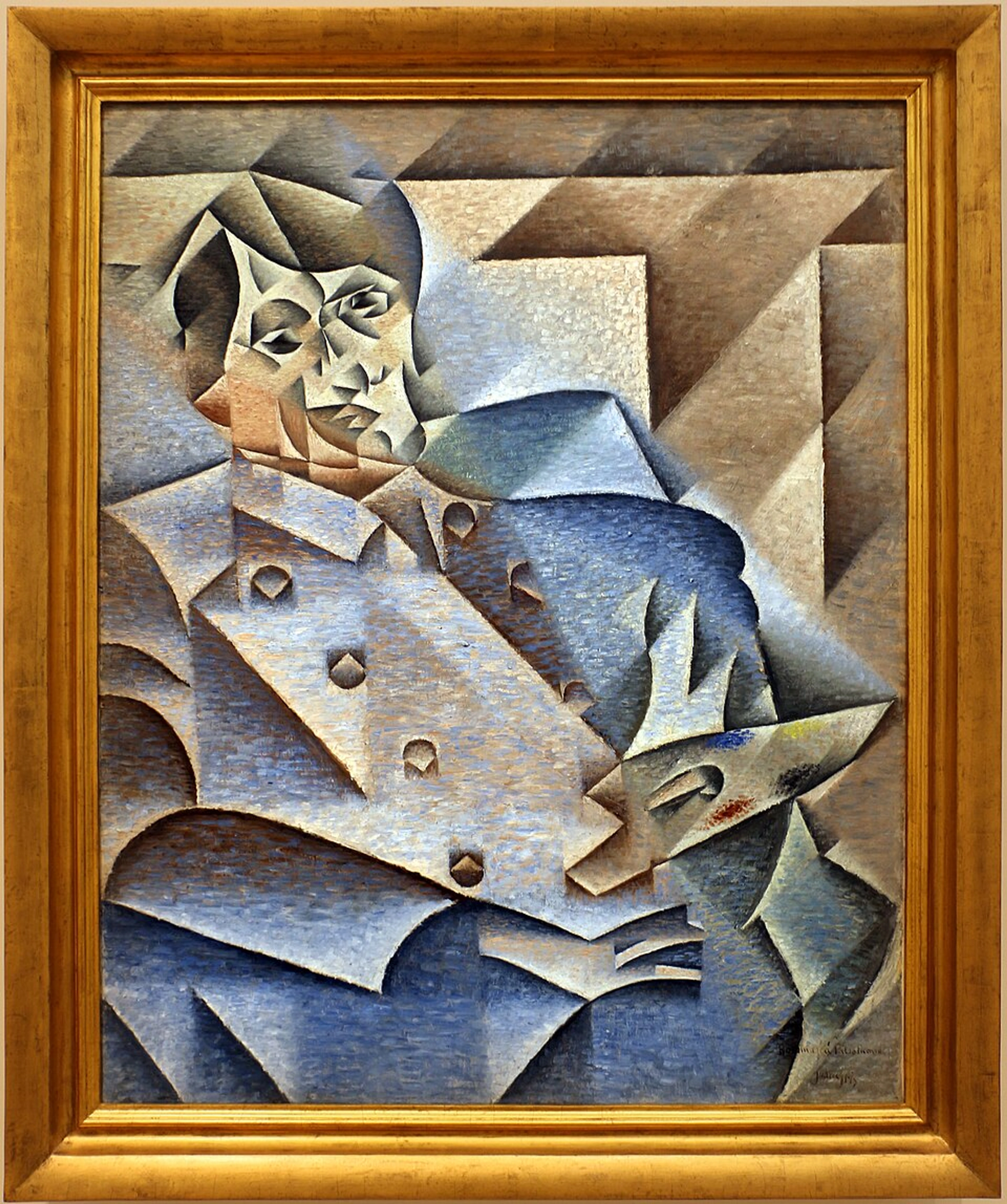 Cubist portrait of Pablo Picasso by Juan Gris, featuring geometric shapes and muted tones.