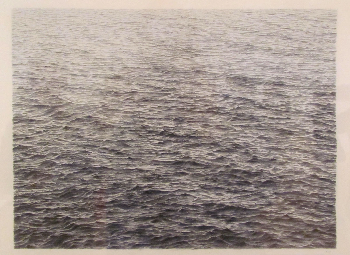 Detailed graphite drawing by Vija Celmins depicting realistic ocean waves.