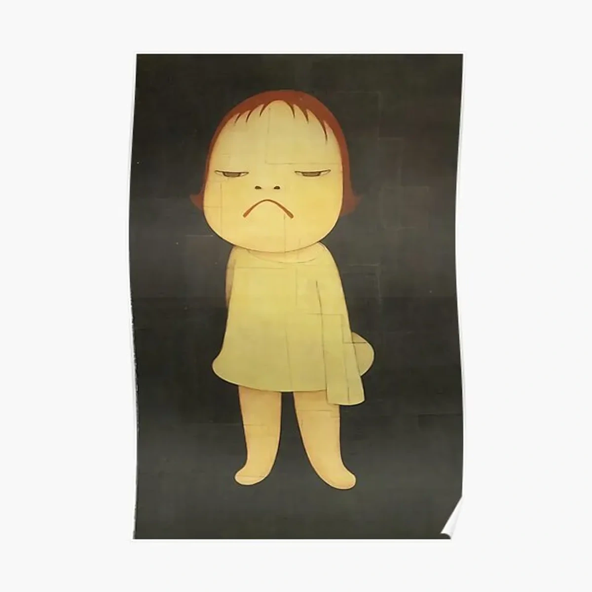 Illustration of a small girl with brown hair and a slightly angry expression, wearing a light yellow dress against a dark background.