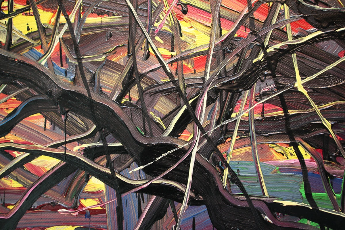 Abstract painting by Zeng Fanzhi featuring thick, dark, tangled lines over vibrant, multi-colored brushstrokes.