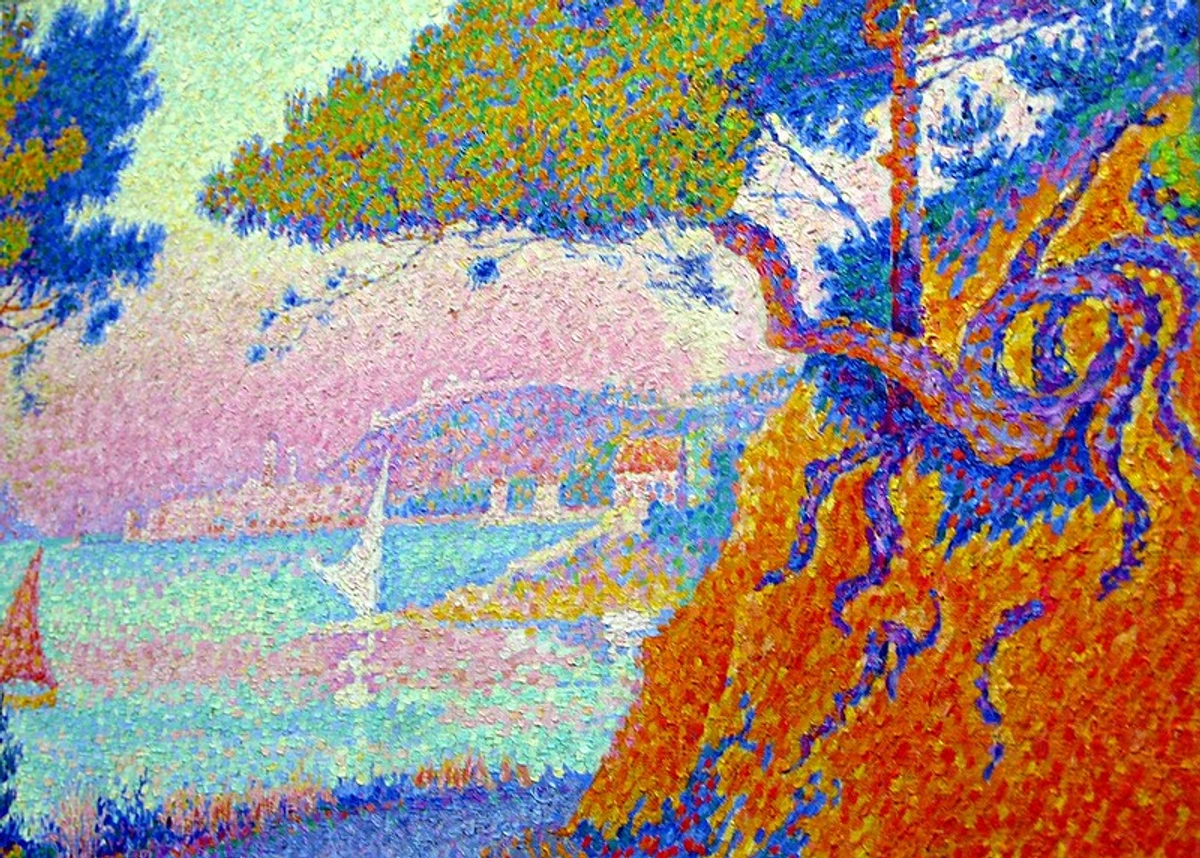 Pointillist painting by Paul Signac, "Golfe-Juan," depicting a coastal landscape with vibrant, small dots of color forming trees, the sea, and distant land.