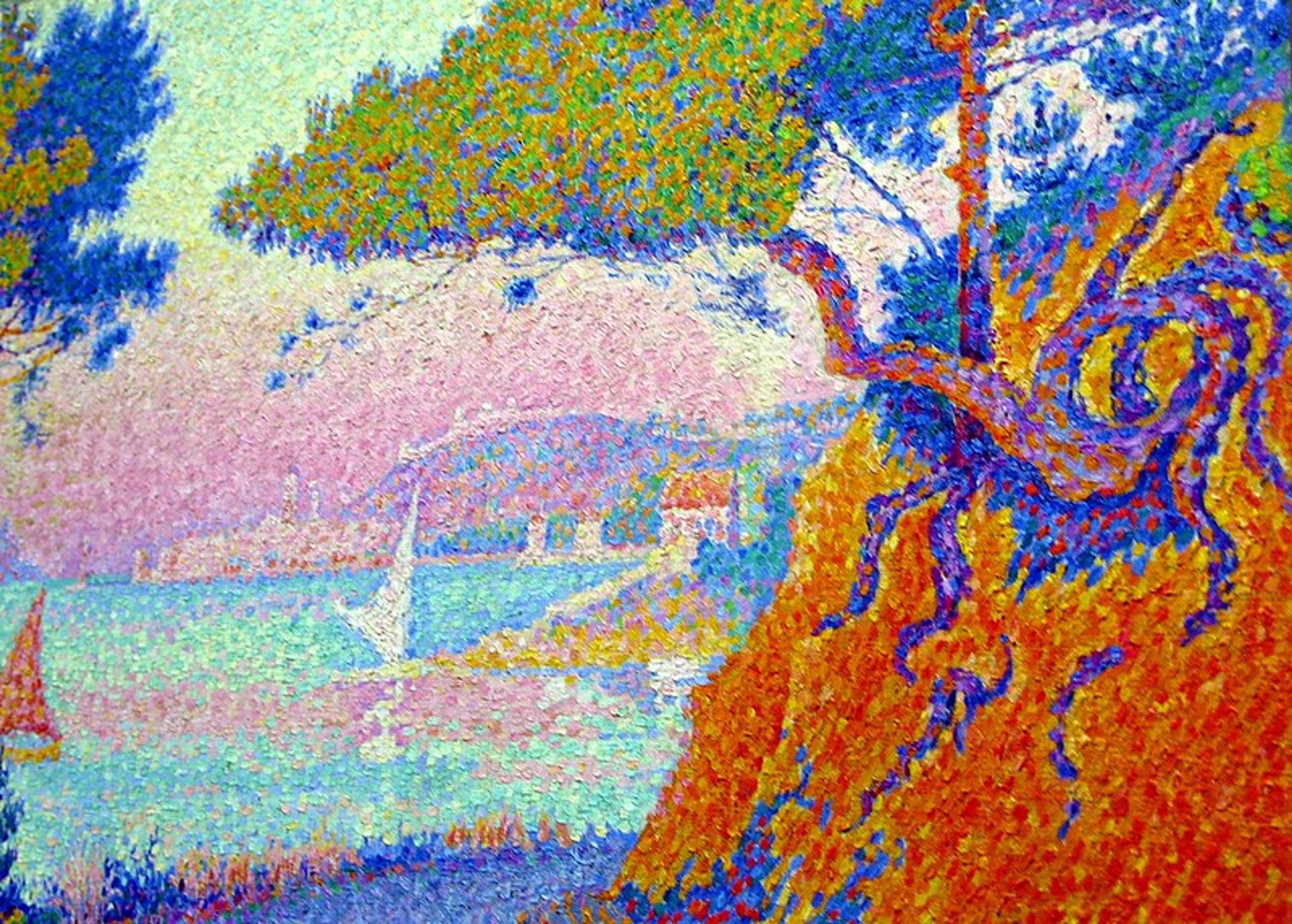 Pointillistisch schilderij van Paul Signac, "Golfe-Juan," met een kustlandschap met levendige, kleine kleurstippen die bomen, de zee en een verre kustlijn vormen.