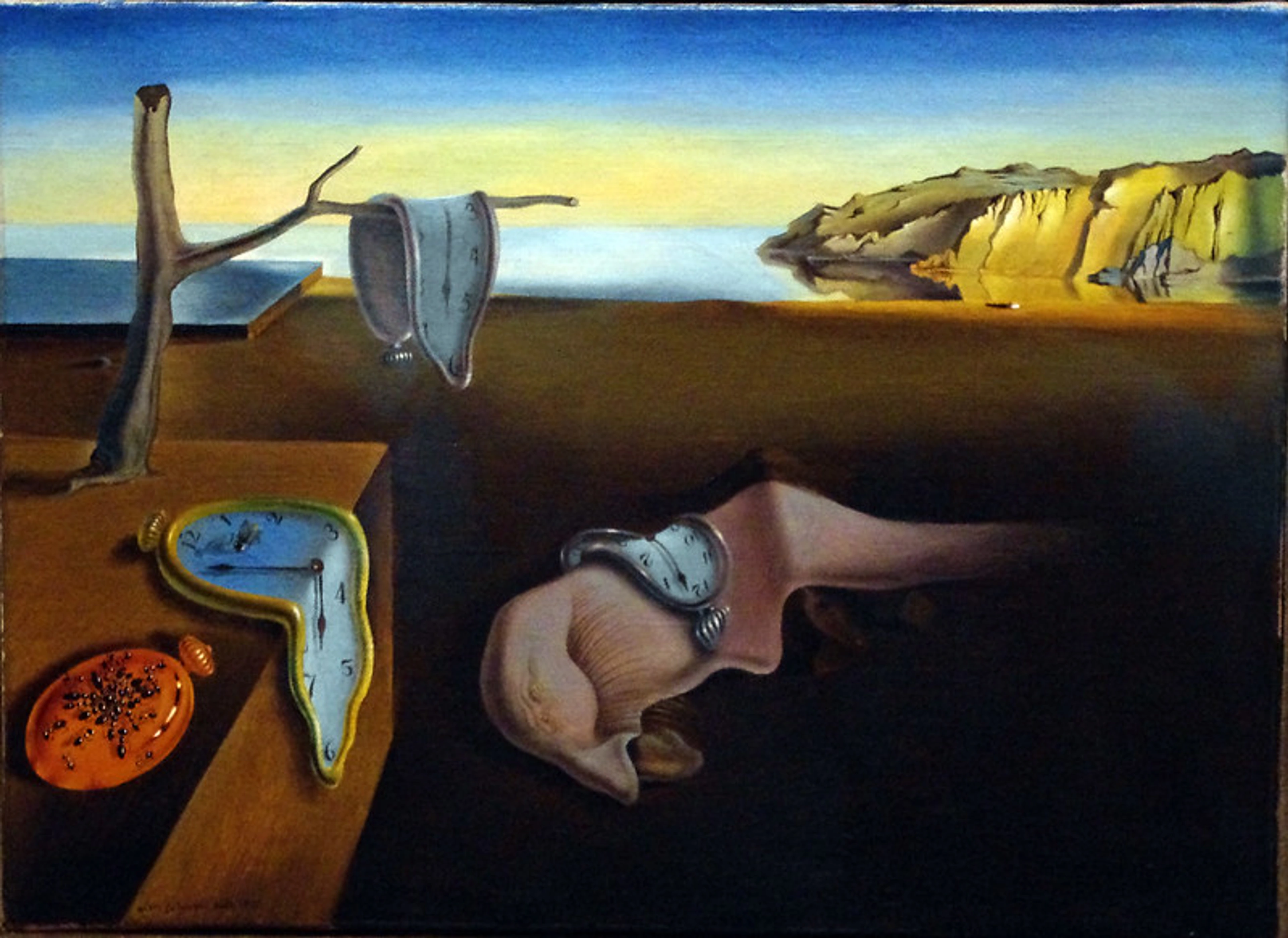 Surrealist landscape painting by Salvador Dalí featuring melting pocket watches draped over various objects in a dreamlike coastal scene.