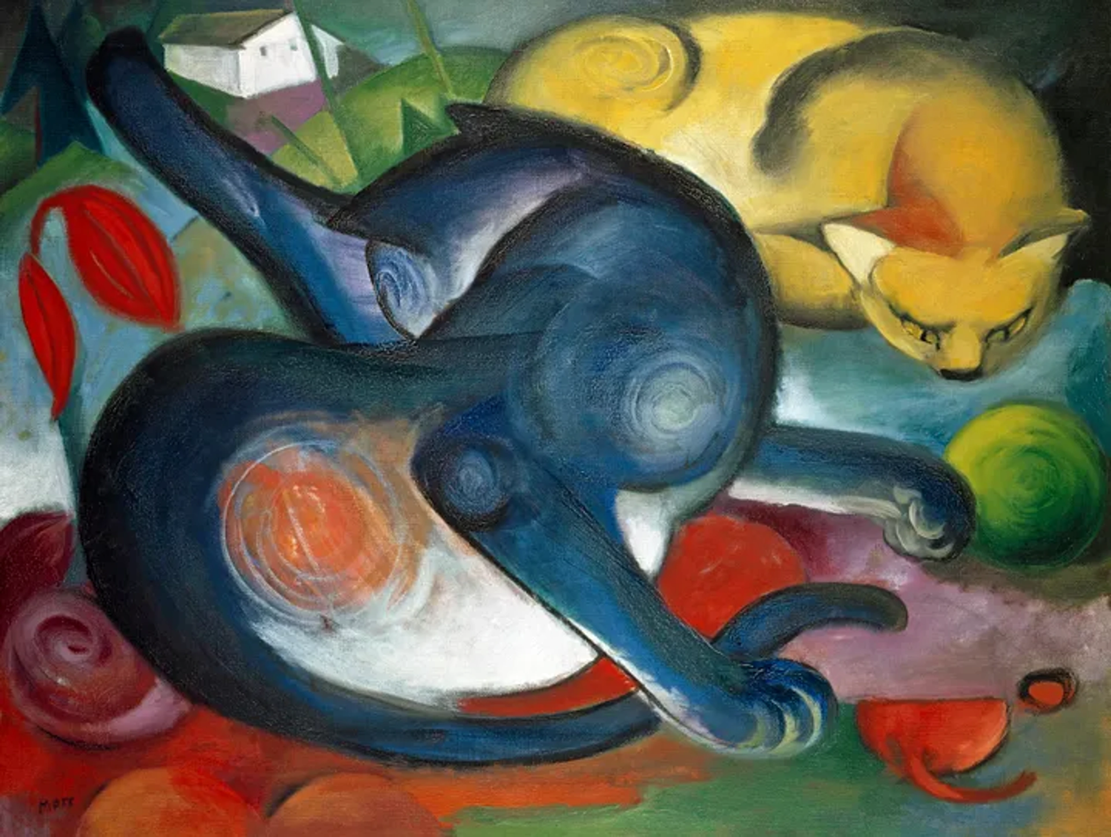 Franz Marc's "Two Cats, Blue and Yellow" depicting two stylized cats in contrasting blue and yellow hues, surrounded by abstract shapes and colors.