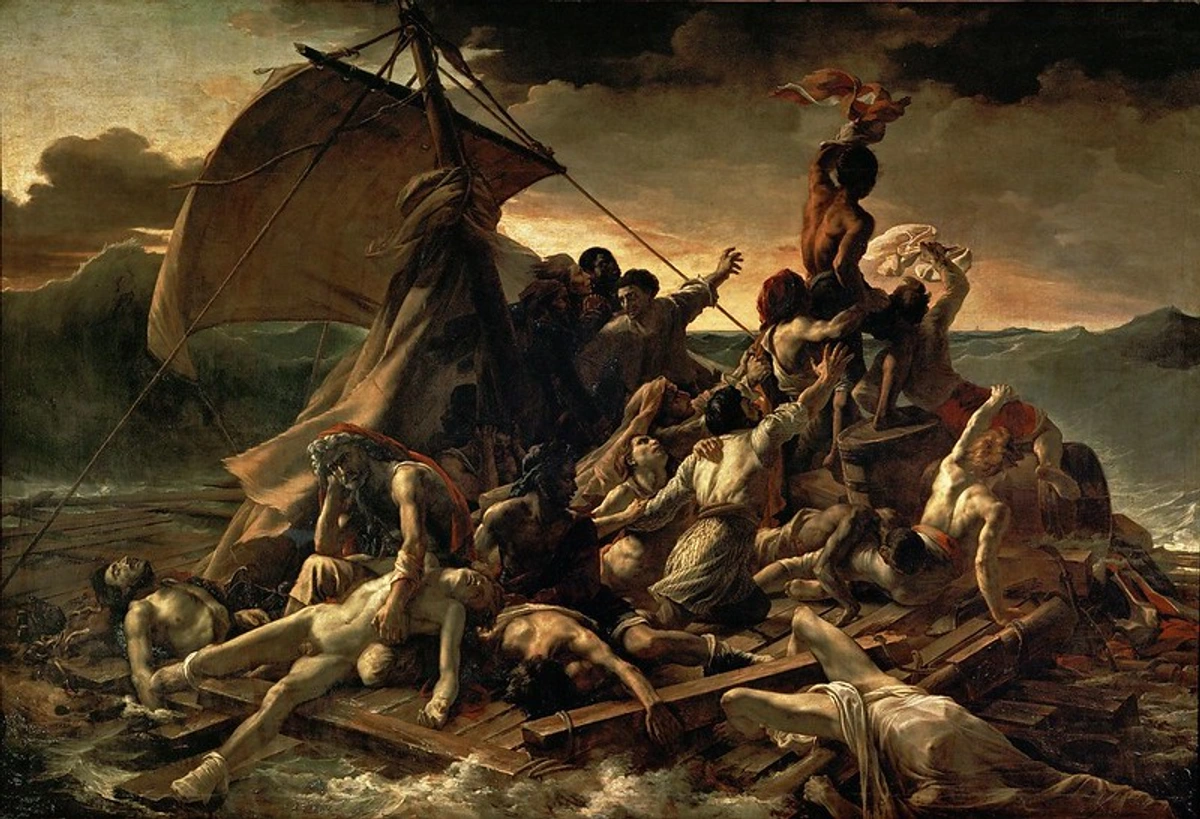 Dramatic painting by Théodore Géricault, "The Raft of the Medusa," depicting the survivors of a shipwreck on a makeshift raft amidst turbulent waves and a stormy sky.