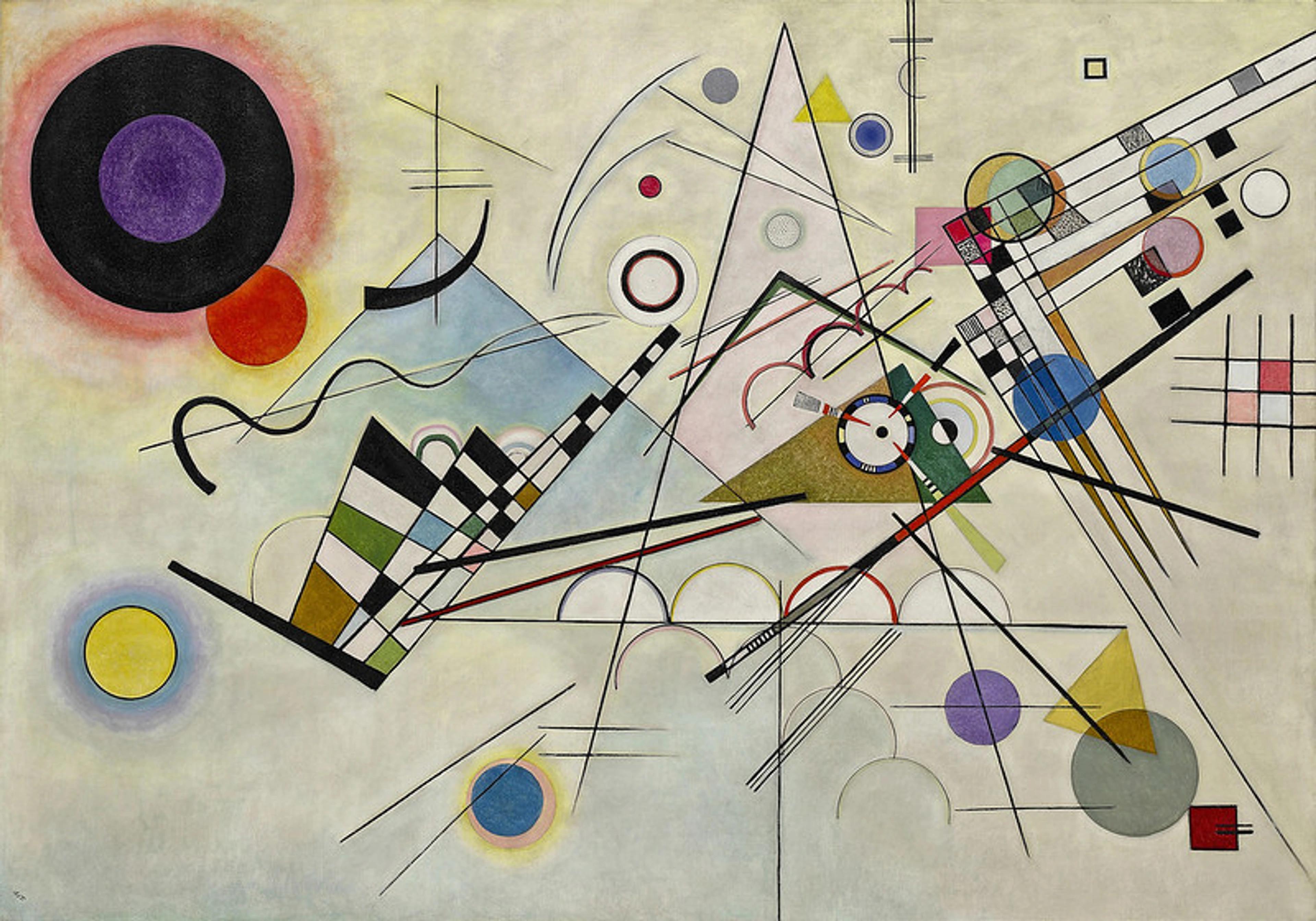 Wassily Kandinsky's "Composition VIII": Abstract painting with geometric shapes, lines, and vibrant colors on a light background.