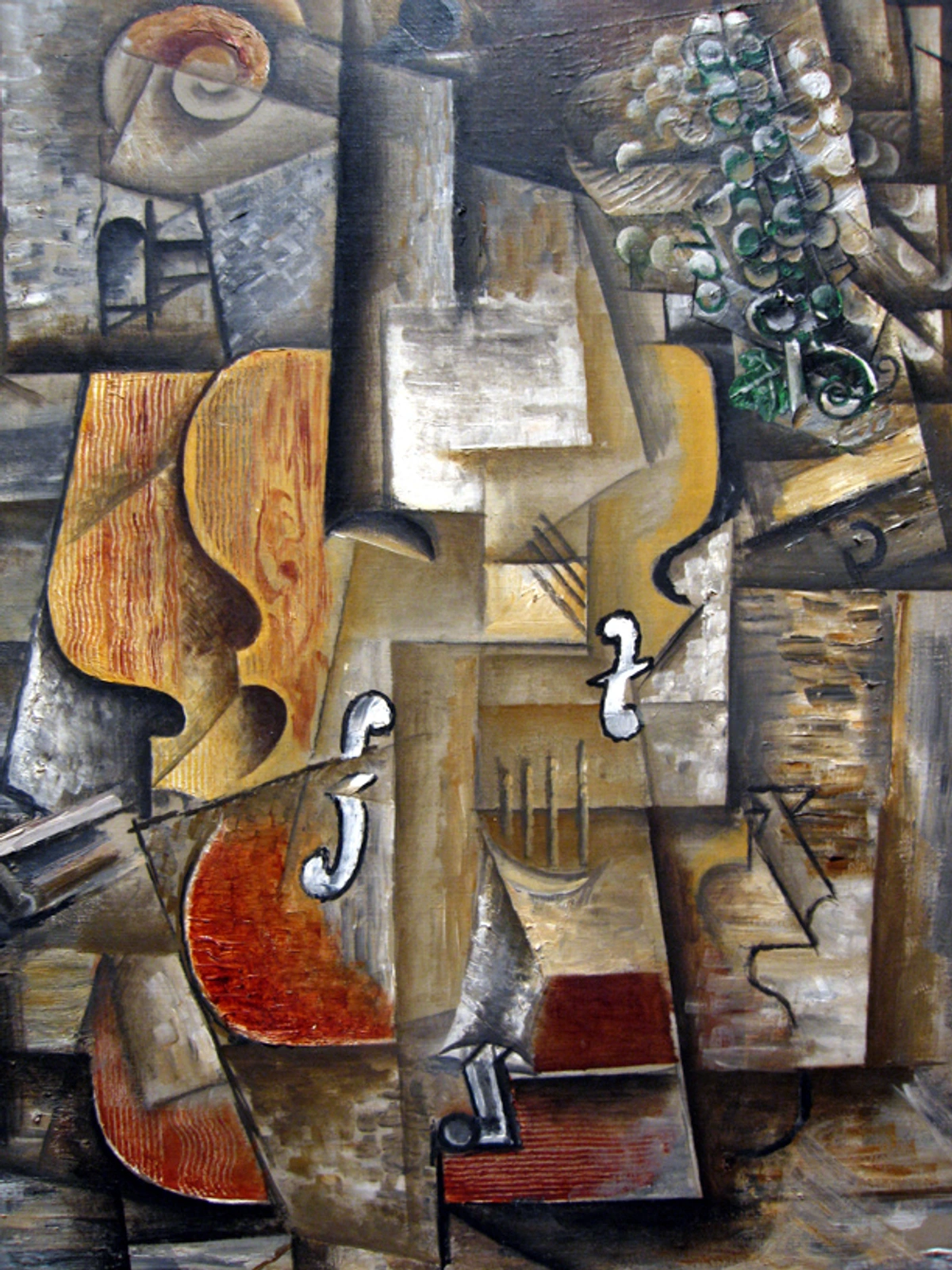 Abstract painting by Georges Braque, "Violin and Grapes," a Cubist still life with fragmented depictions of a violin, grapes, and other objects in muted tones.