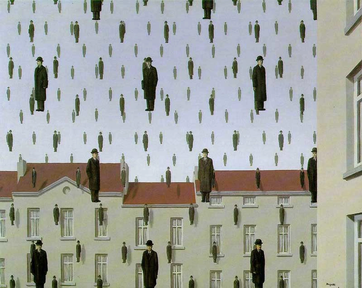 Surrealist painting by René Magritte depicting numerous identical men in dark overcoats and bowler hats appearing to rain down from the sky onto a town with buildings featuring red roofs.