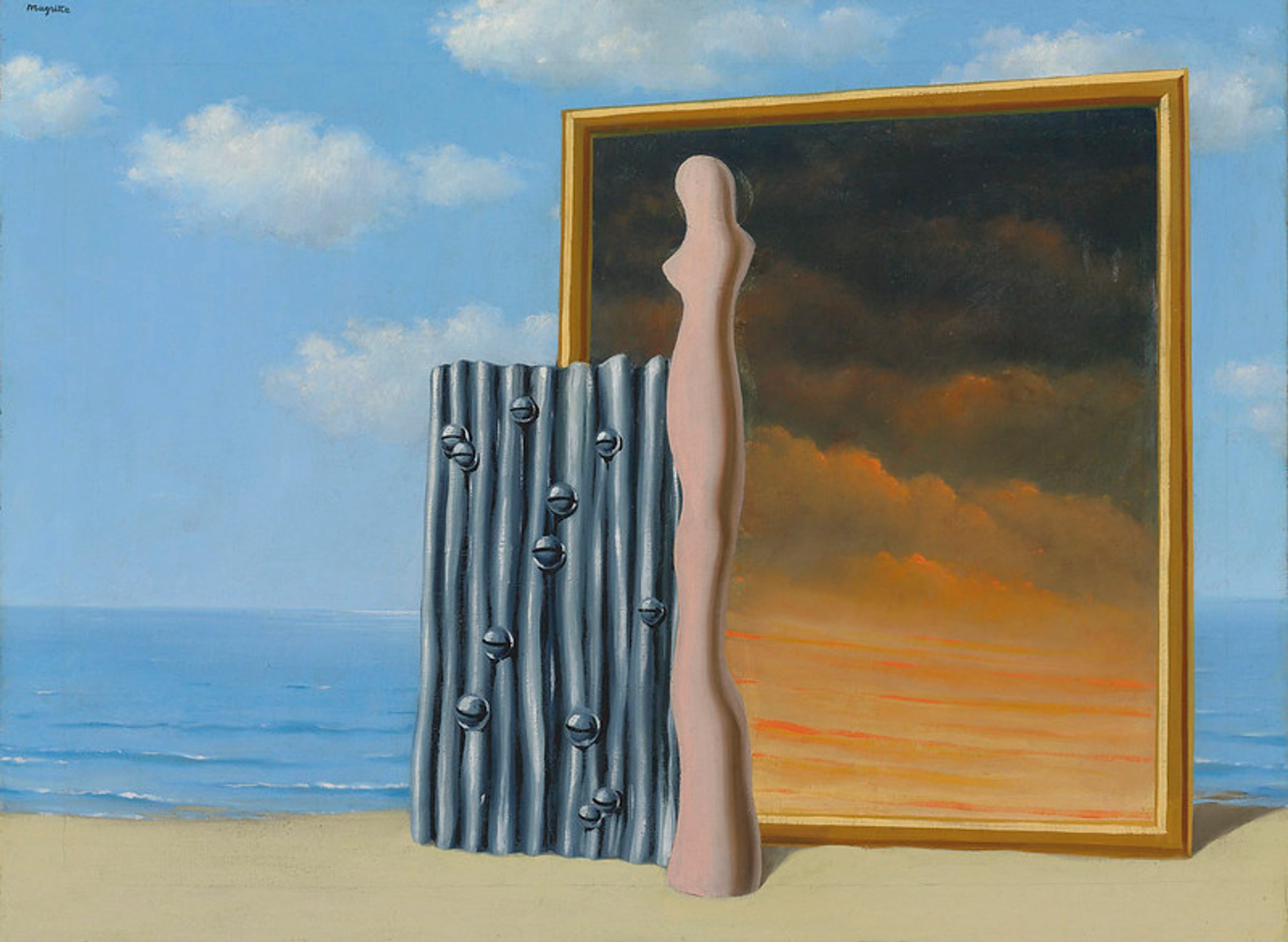 Surrealist painting by René Magritte depicting a pale, elongated female figure standing next to a corrugated metal sheet with spherical indentations, in front of a framed painting of a stormy sky, all set on a sandy beach with the sea and a cloudy blue sky in the background.