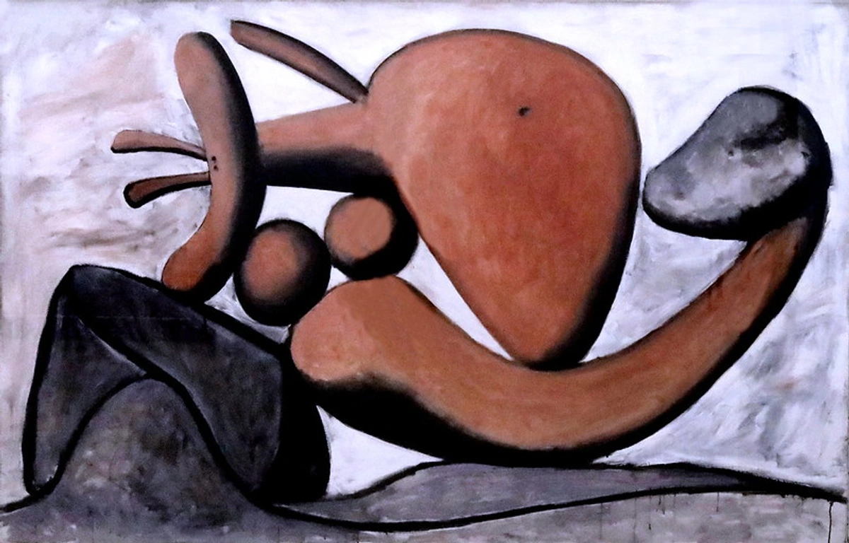 Abstract painting of a figure with rounded, biomorphic forms in shades of brown and gray, suggesting a woman in motion.