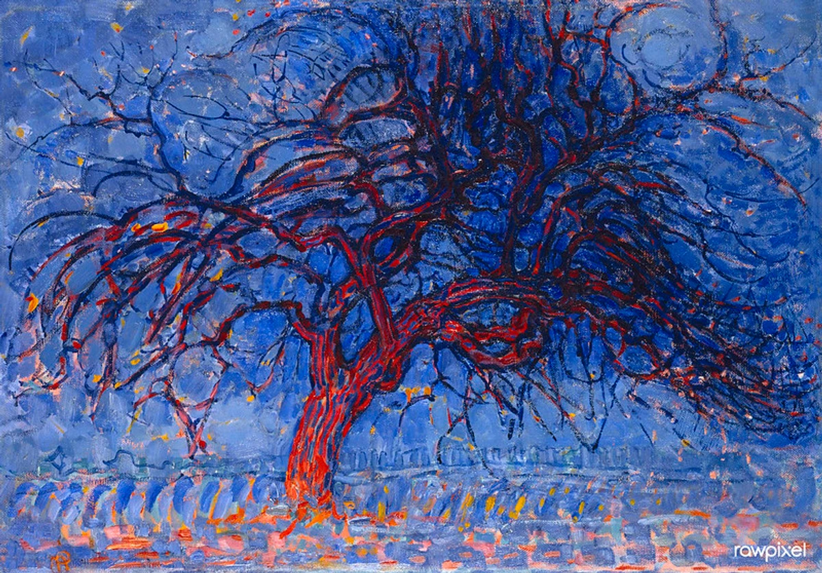 Expressionist painting by Piet Mondrian, "Evening; Red Tree," depicting a stylized red tree with dark branches against a predominantly blue and slightly orange-tinged evening sky and landscape.
