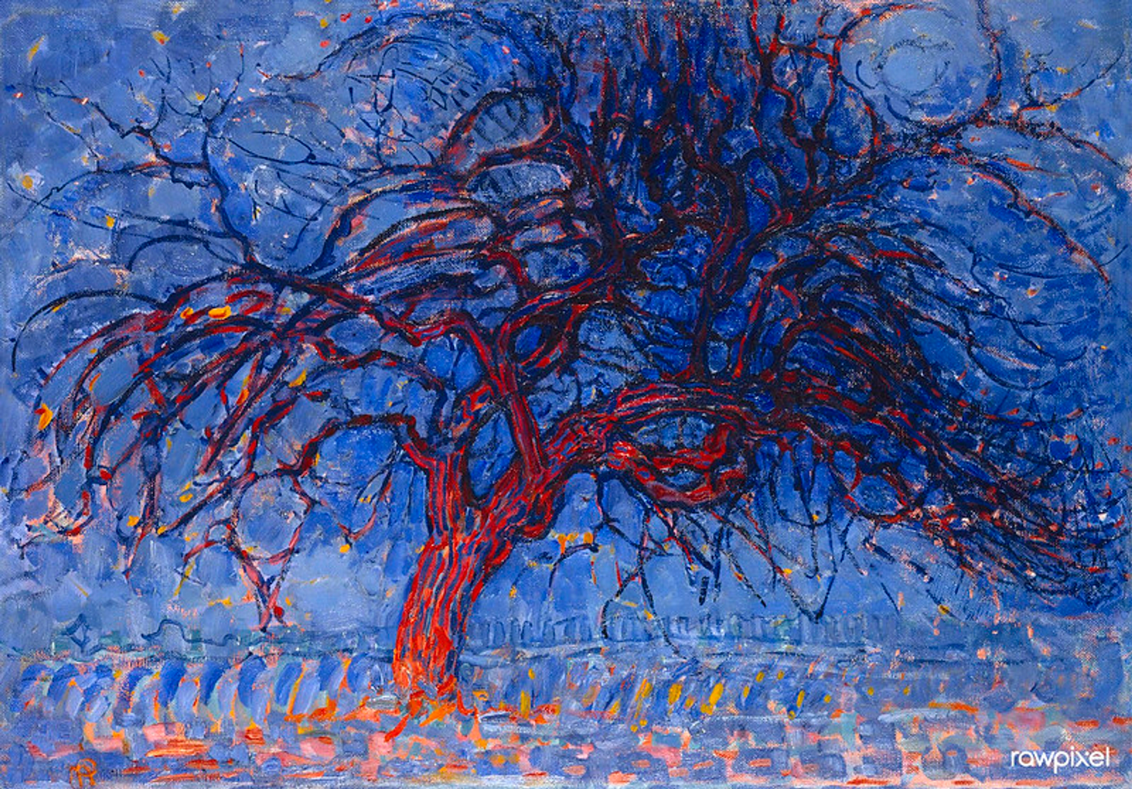 Expressionist painting by Piet Mondrian, "Evening; Red Tree," depicting a stylized red tree with dark branches against a predominantly blue and slightly orange-tinged evening sky and landscape, symbolizing the shift towards more abstract forms.