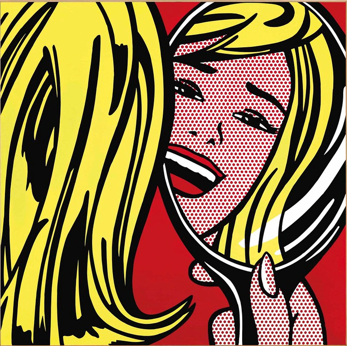 Pop art illustratie van Roy Lichtenstein die een huilende blonde vrouw afbeeldt die naar haar spiegelbeeld kijkt, weergegeven in zijn kenmerkende Ben-Day stippen en gedurfde contouren.