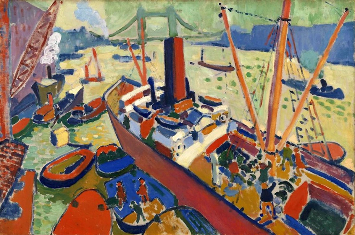 Fauvist painting of boats docked on the Pool of London with Tower Bridge in the background.