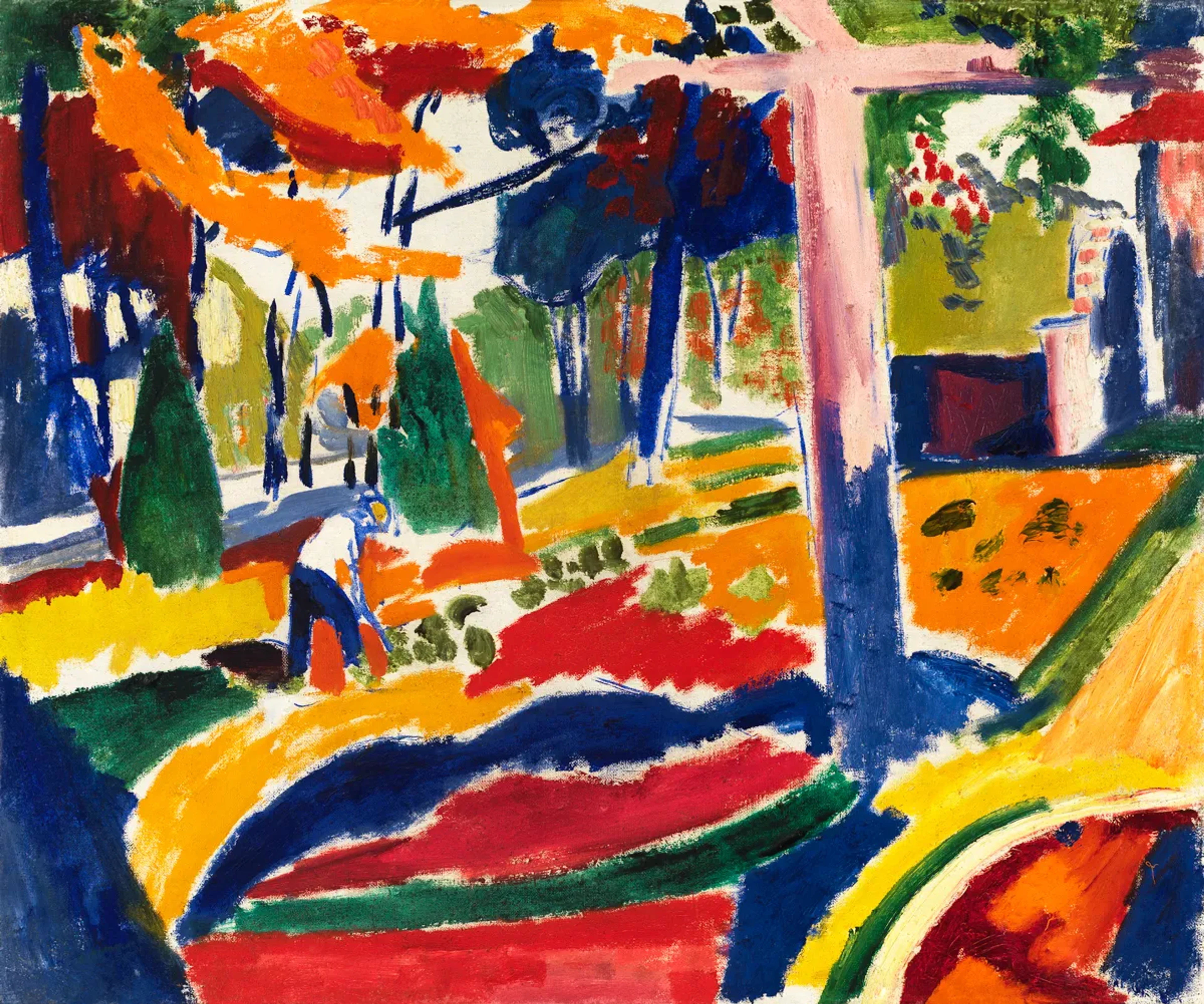 Henry Lyman Sayen painting "The Garden," a colorful, Fauvist-style depiction of a garden with a figure working, vibrant trees, and bold brushstrokes.