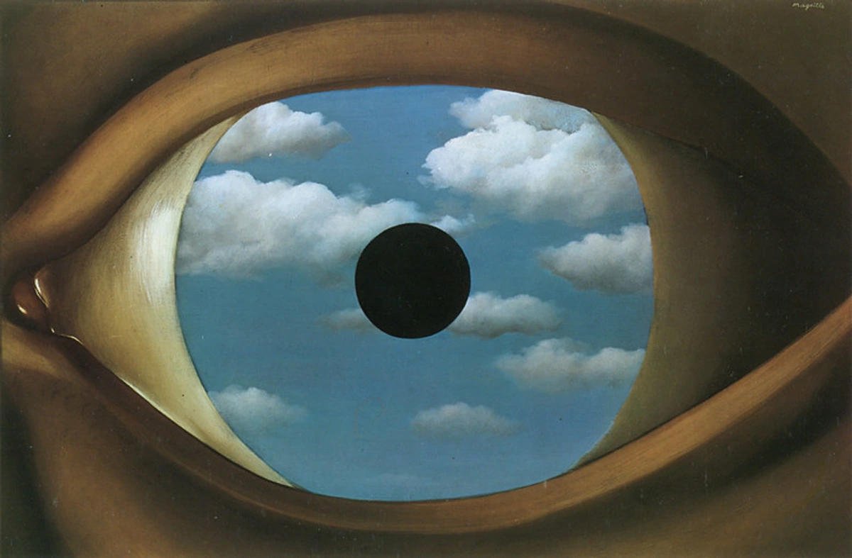 Surrealist painting by René Magritte depicting a large, close-up view of an eye. The iris reflects a clear blue sky with white, fluffy clouds, while a dark, circular pupil is at the center.