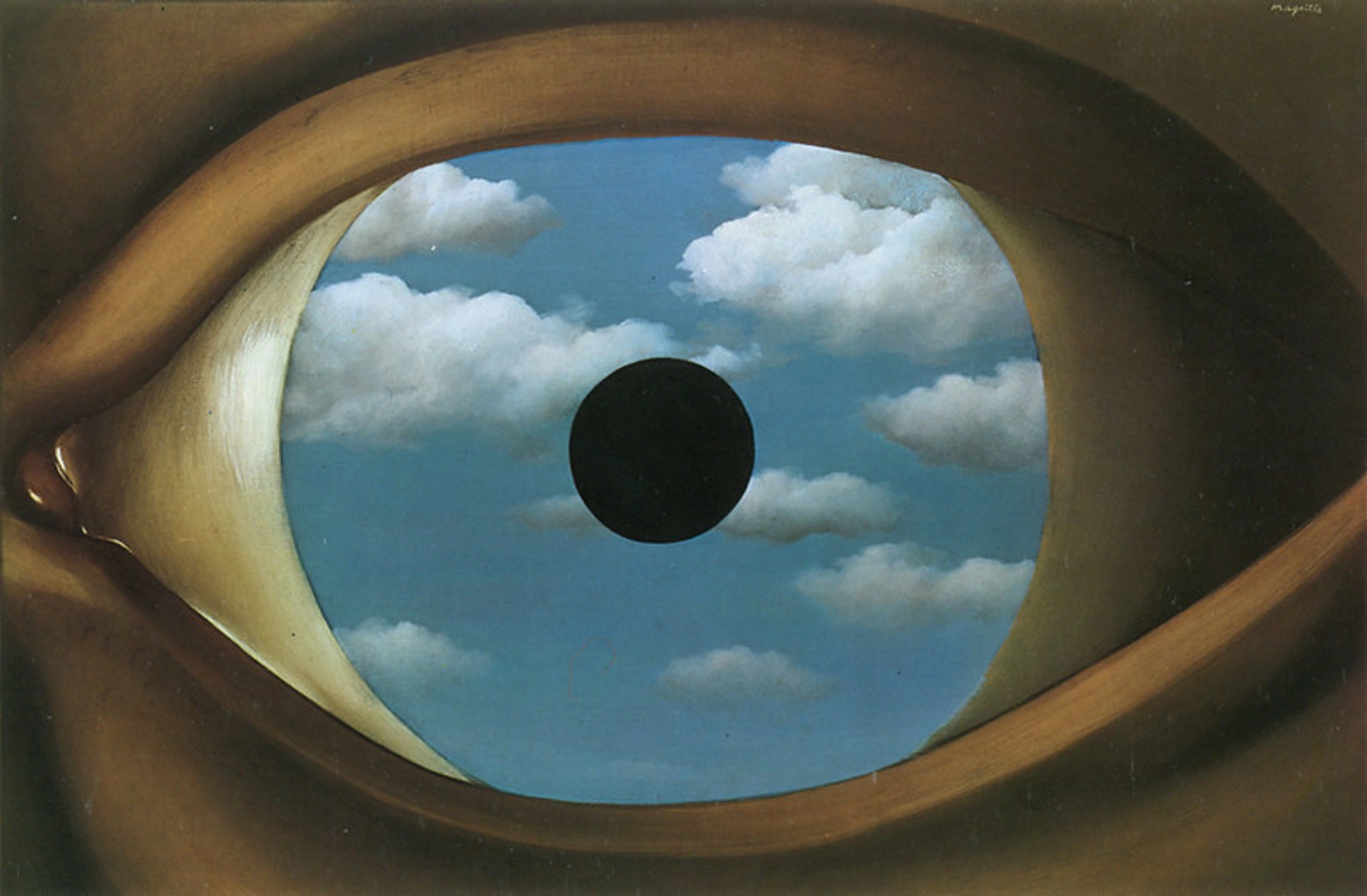 Surrealist painting by René Magritte depicting a large, close-up view of an eye. The iris reflects a clear blue sky with white, fluffy clouds, while a dark, circular pupil is at the center.
