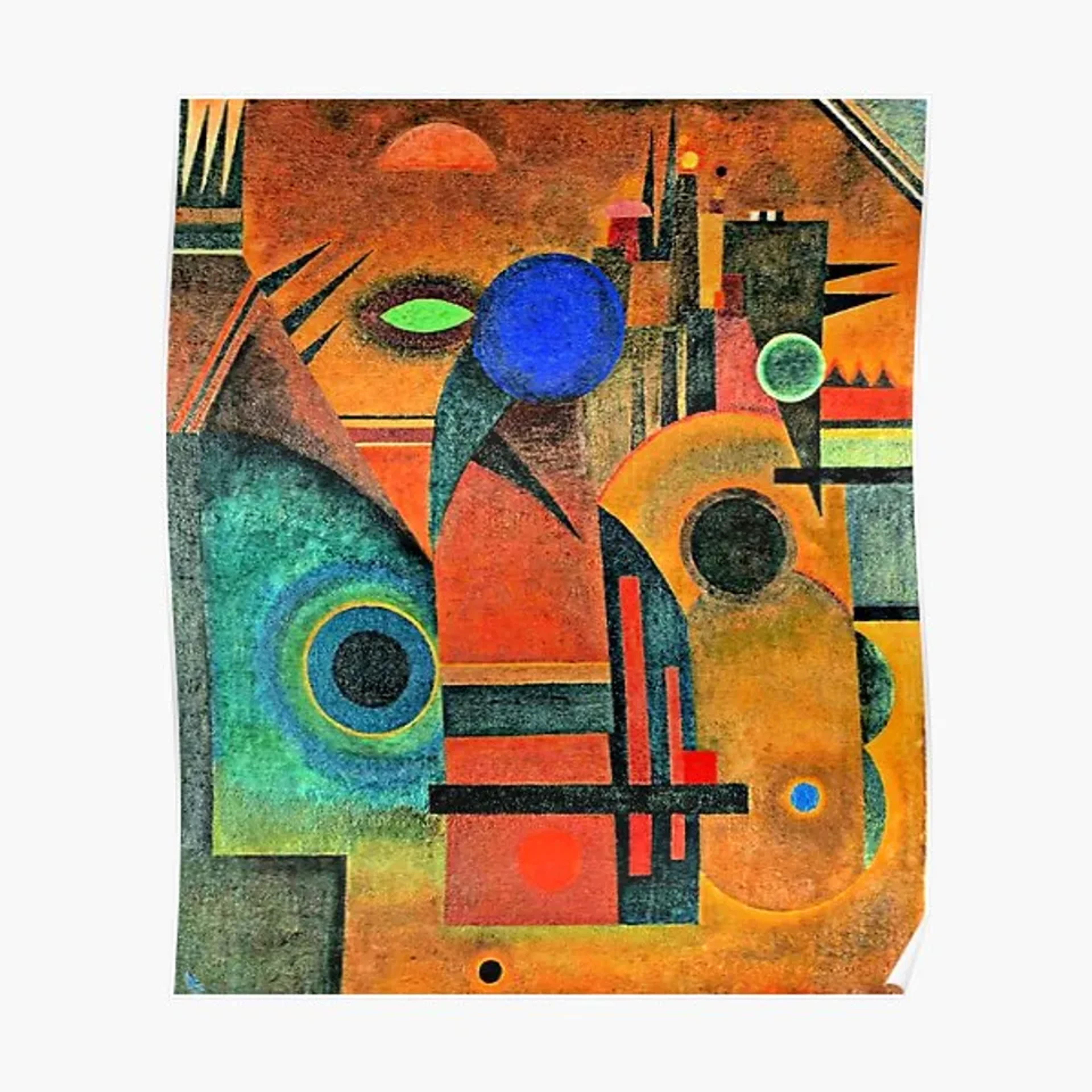 Abstract painting by Wassily Kandinsky titled "Brown Silence," featuring a complex arrangement of geometric shapes, lines, and vibrant colors including blues, greens, oranges, and browns, creating a dynamic and non-representational composition.