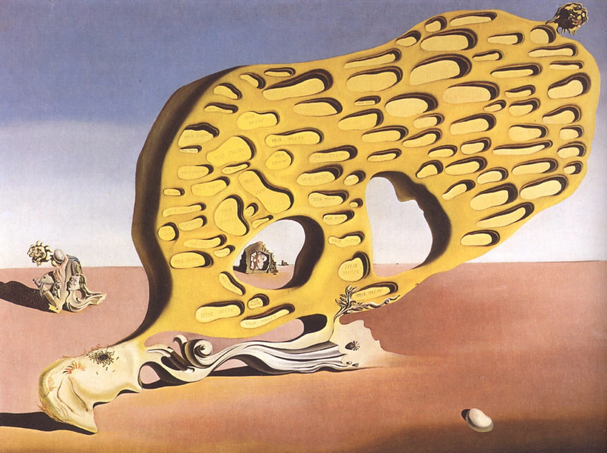 Surrealist painting by Salvador Dalí featuring a large, porous yellow form with numerous small cavities containing text, alongside other bizarre and symbolic elements in a desert-like landscape under a pale sky.