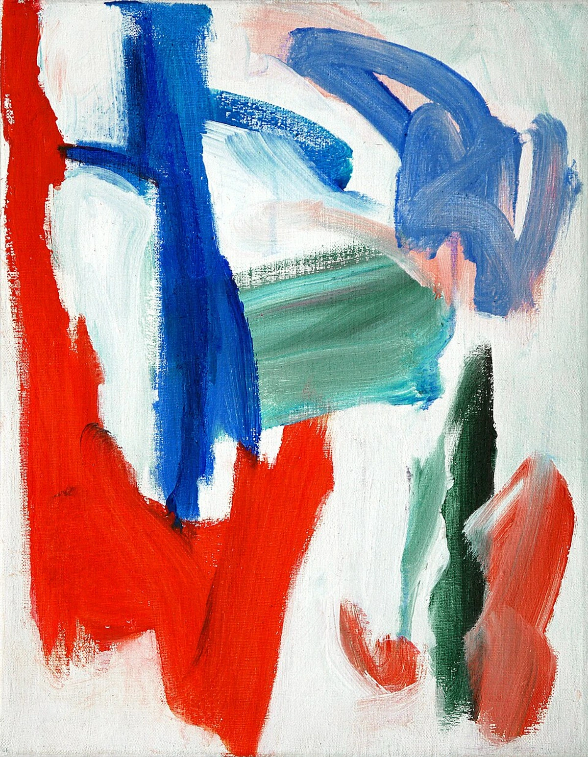 Abstract painting by Fons Heijnsbroek titled "Abstract Sky," featuring bold, gestural brushstrokes in red, blue, green, and white on a textured canvas.