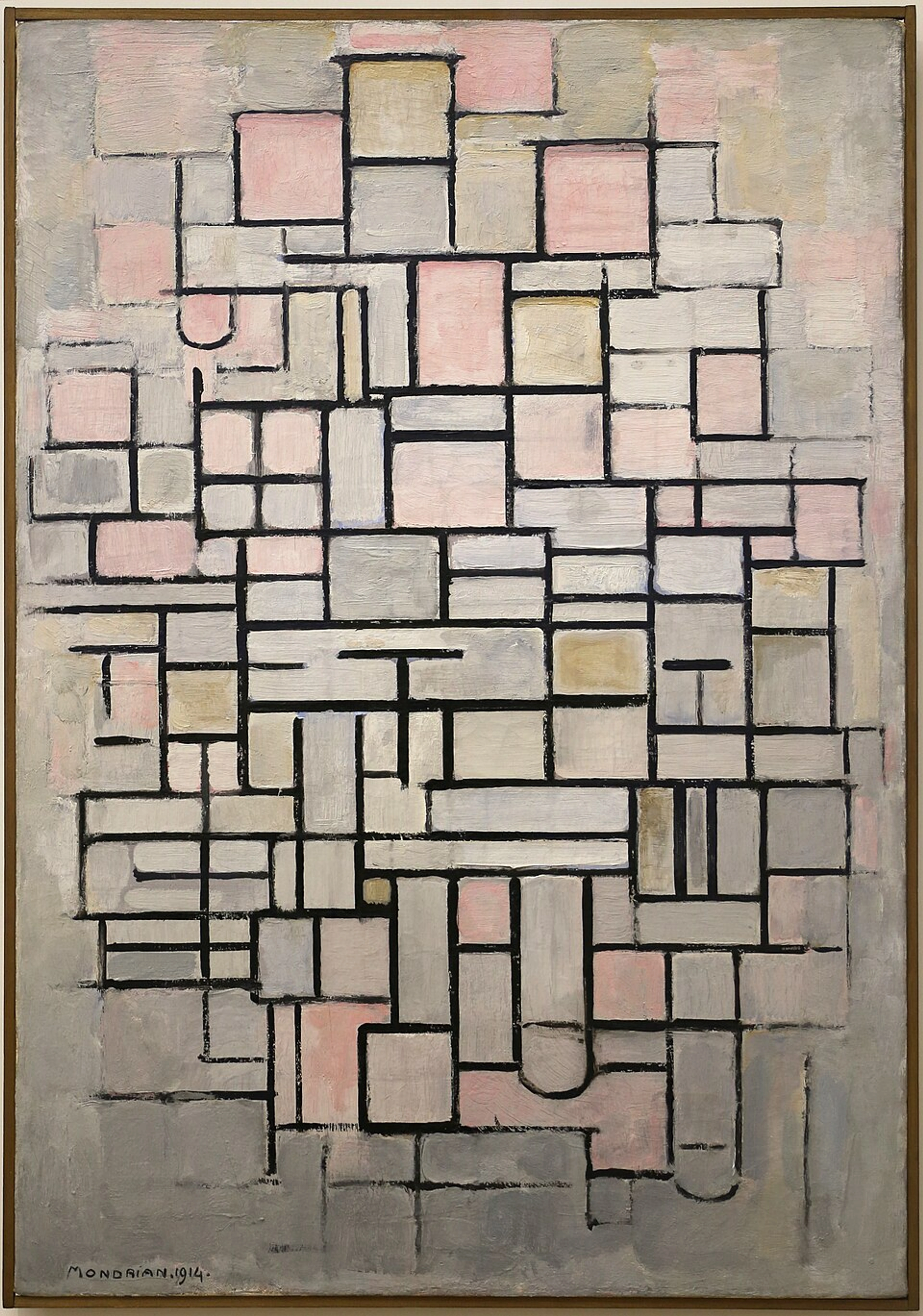 Abstract painting by Piet Mondrian, "Composition No. IV," featuring a grid of black lines and rectangles filled with shades of light pink, gray, and off-white.