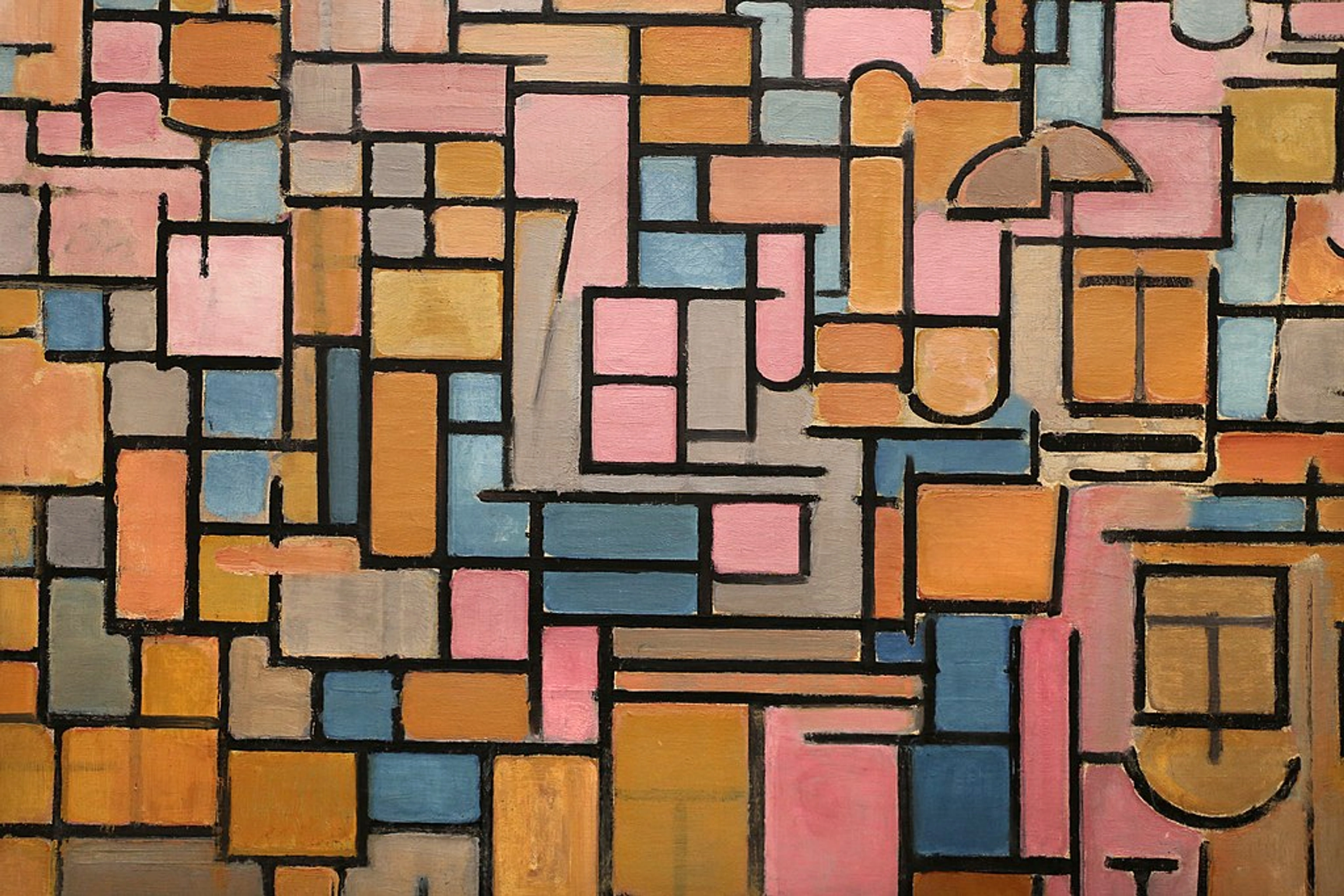 Abstract painting by Piet Mondrian, "Tableau III: Composition in Oval," featuring a grid of black lines forming rectangles and curved shapes filled with various shades of pink, blue, yellow, orange, and gray within an oval composition.