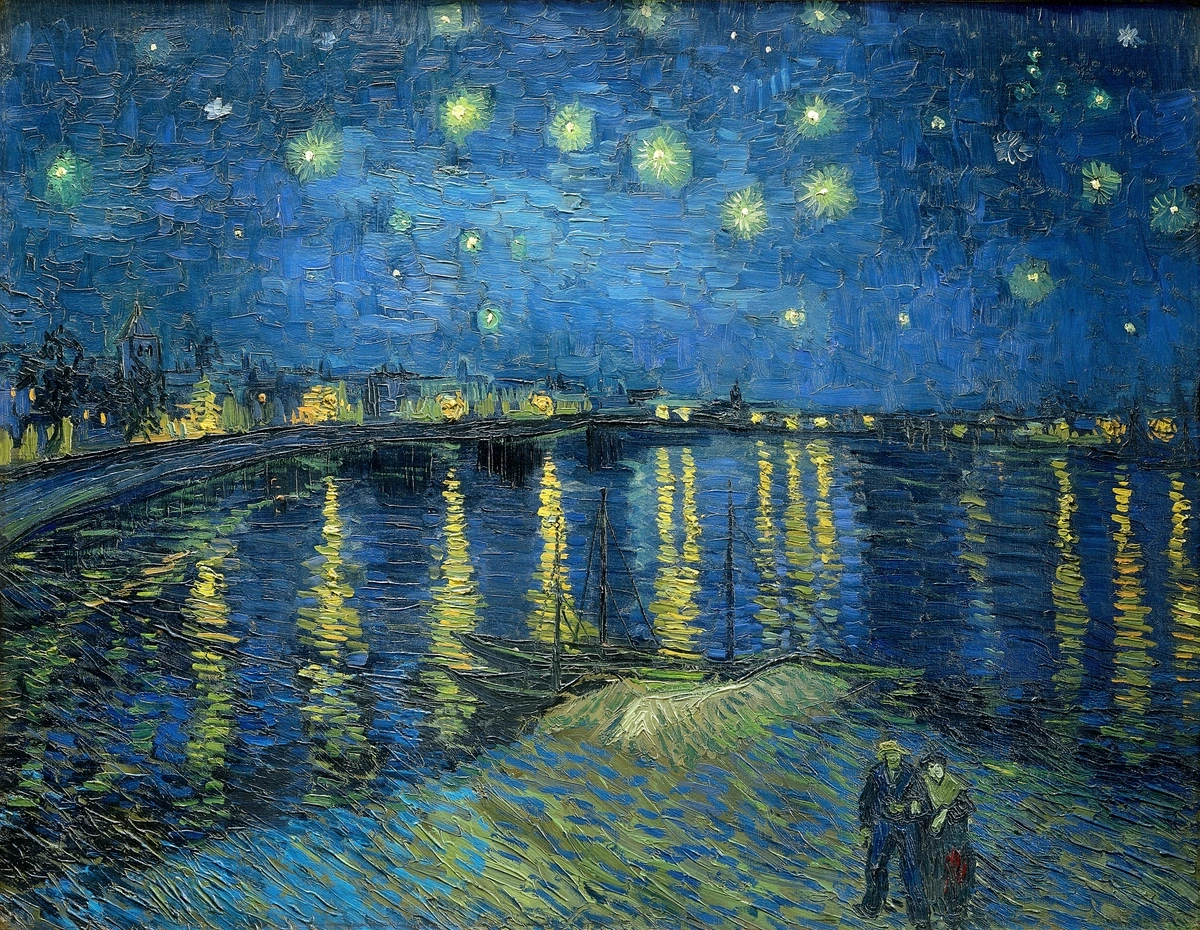 Vincent van Gogh's "Starry Night Over the Rhône" depicting a starry night sky, a river with light reflections, and two figures in the foreground.