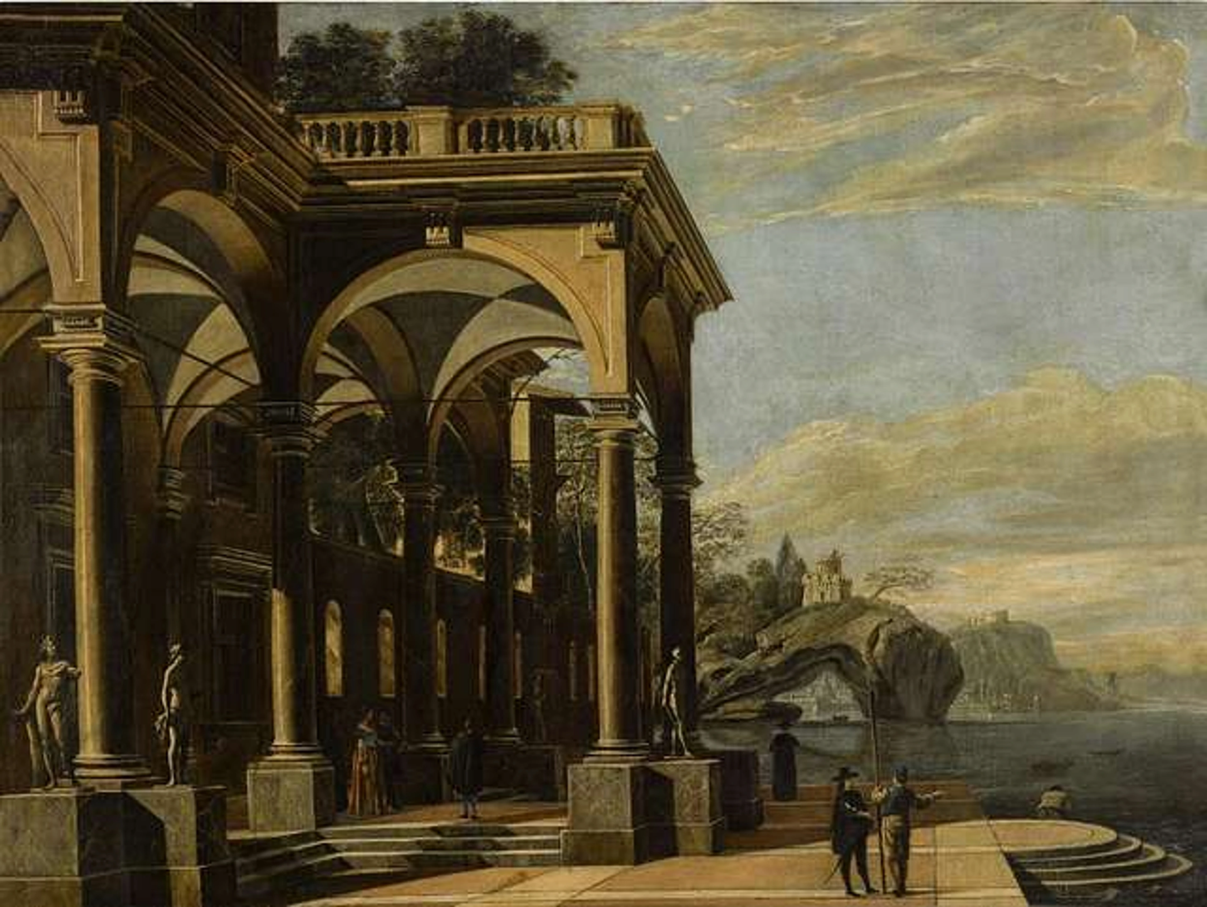 Painting of an architectural capriccio featuring a colonnaded building with statues, figures in period clothing, and a coastal landscape with a rocky arch and distant buildings.