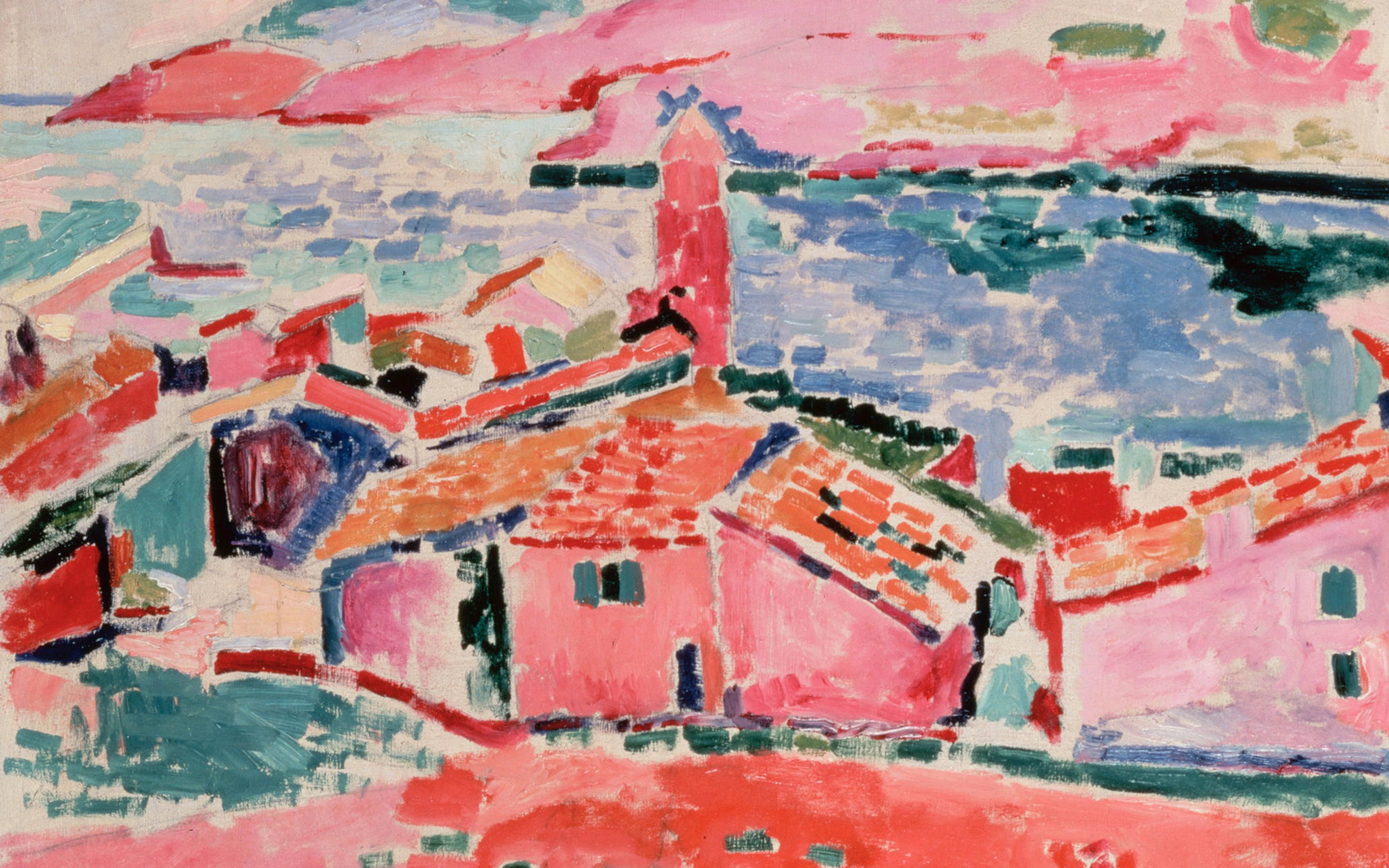Schilderij van Henri Matisse, waarschijnlijk "Gezicht op Collioure", met een kleurrijk, Fauvistisch uitzicht op een stad aan zee, gedomineerd door roze, blauw en rood.