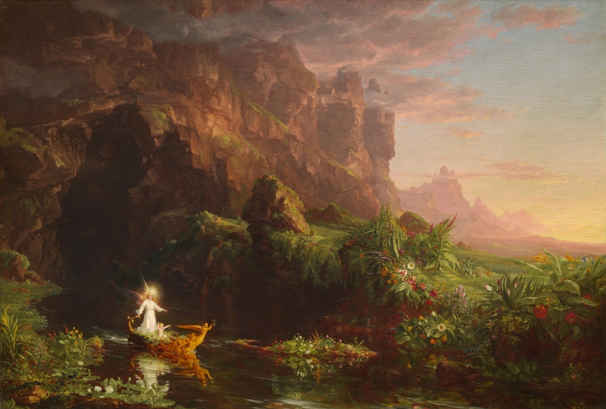 Romantic landscape painting by Thomas Cole titled "The Departure," depicting a radiant, winged figure in a small boat being guided away from a dark, rocky shore towards a brighter, more open landscape at sunset.