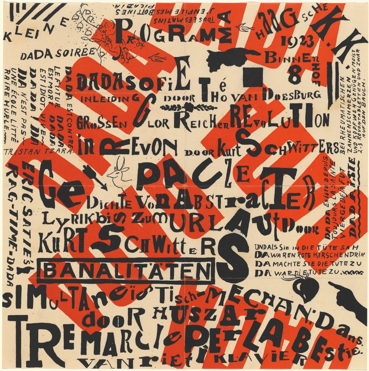 Theo van Doesburg's "Kleine Dada Soirée" poster: Typographic design with overlapping red and black text and geometric elements.