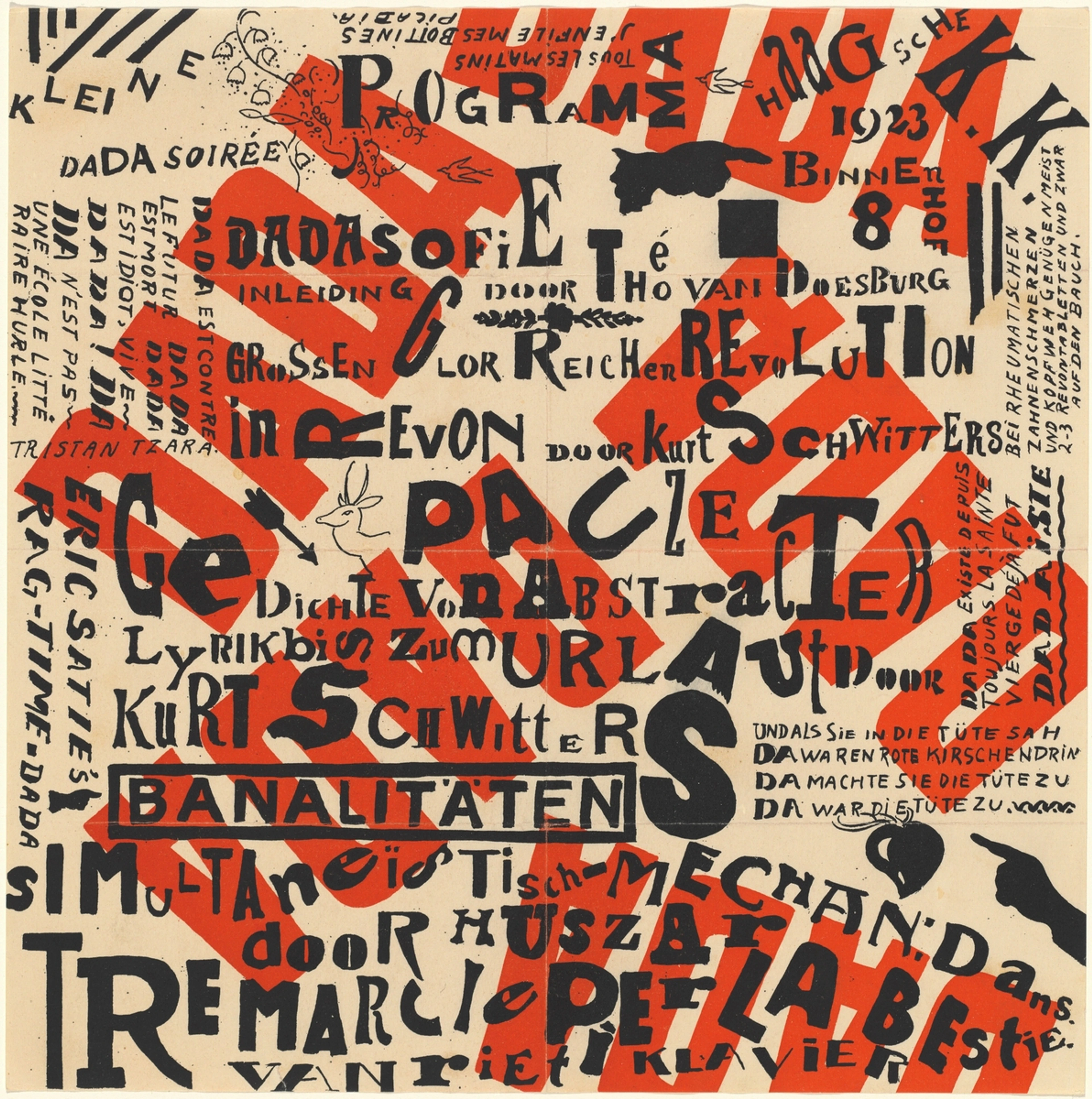Theo van Doesburg's "Kleine Dada Soirée" poster: Typographic design with overlapping red and black text and geometric elements.