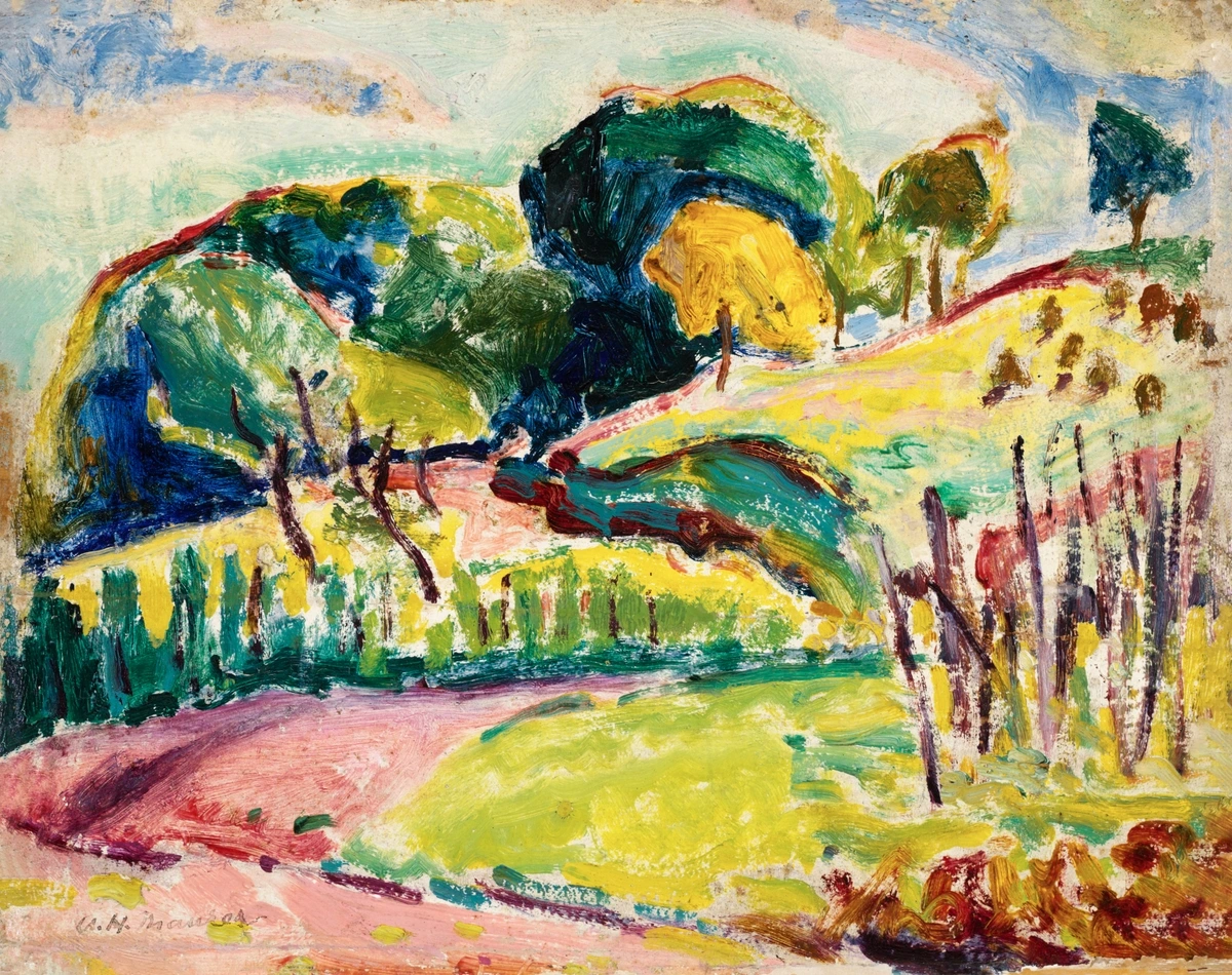 Fauvist-style painting by Alfred Henry Maurer titled "Hills," depicting a landscape with bold, expressive brushstrokes and vibrant colors forming rolling hills and trees under a bright sky.