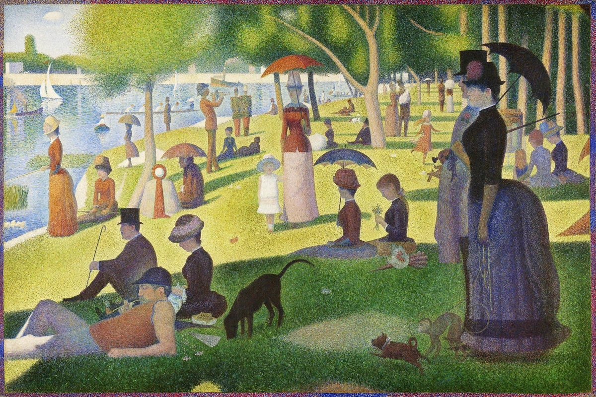 Pointillist painting by Georges Seurat, "A Sunday Afternoon on the Island of La Grande Jatte," depicting numerous figures relaxing in a park by the Seine River.