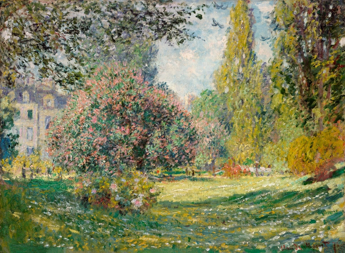 Claude Monet painting, likely "The Garden of the Princess," depicting a lush green garden with flowering bushes, tall trees, and a glimpse of a building in the background, rendered in Impressionistic brushstrokes.