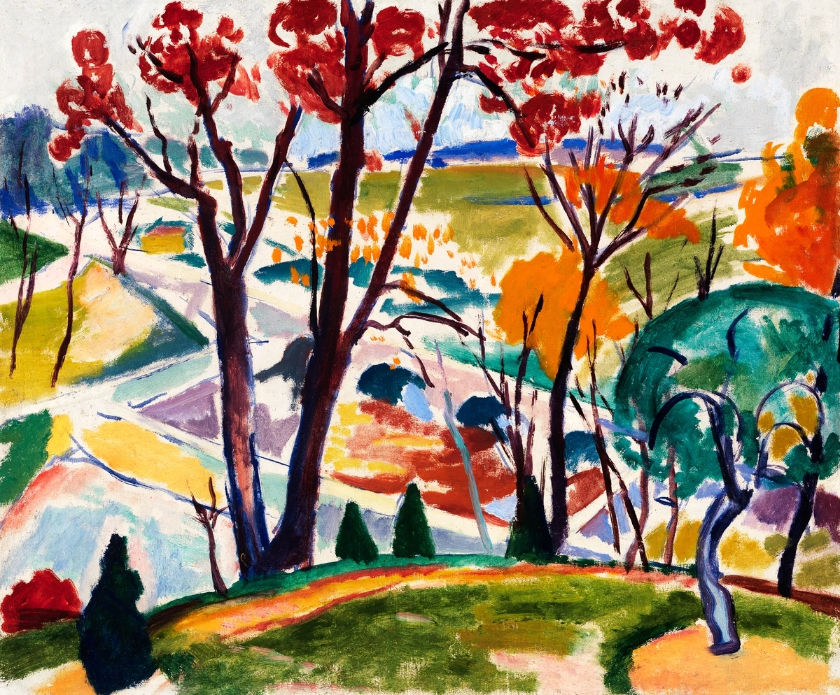 Henry Lyman Sayen painting, likely "Landscape, Bridge, Huntingdon Valley," showing a colorful, stylized landscape with trees in autumn colors and a suggestion of a bridge.